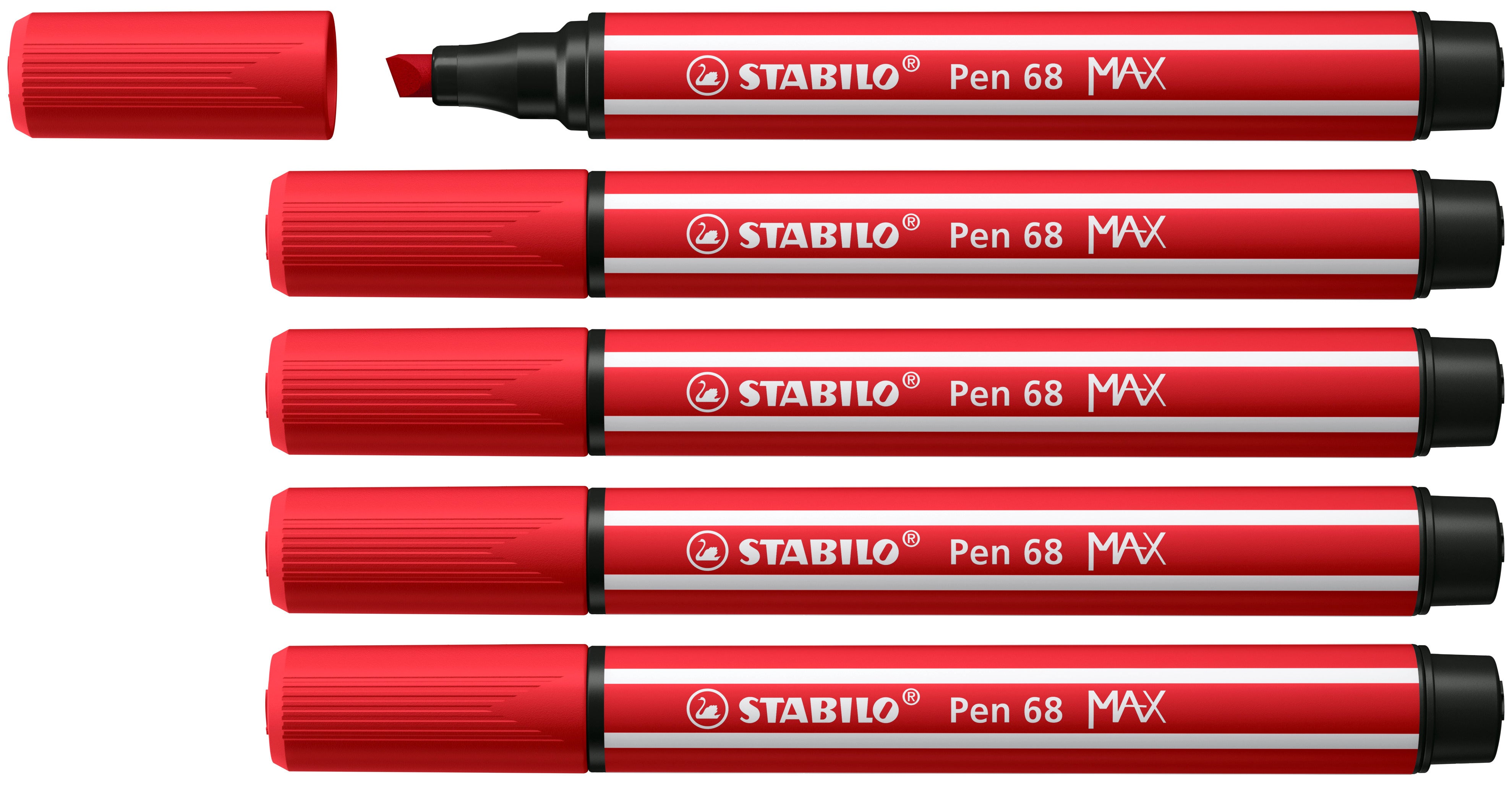 STABILO Pen 68 MAX Filzstift, Doppelspitze – Keil/Rundspitze, 1 mm + 5 mm, wasservermalbar, Karminrot, 5er Set