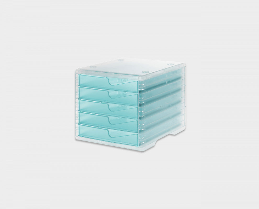 Styro Schubladenelement – 5 Schubladen, für C4, transparent/aqua, Polystyrol (PS), B 270 × H 255 × T 340 mm