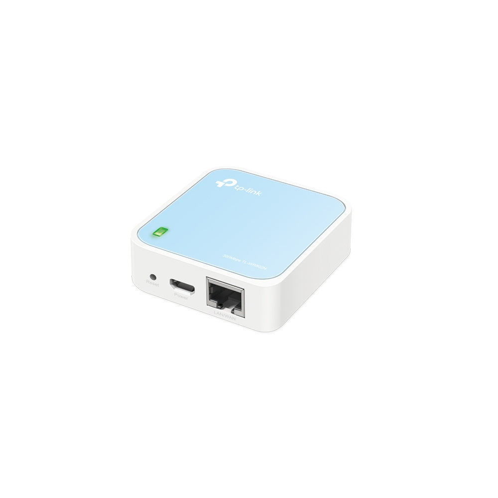 TP-Link TL-WR802N – Mini-WLAN-Router, Wi-Fi 4, 2,4 GHz, 300 Mbit/s, 1× Fast Ethernet, USB, Blau/Weiss