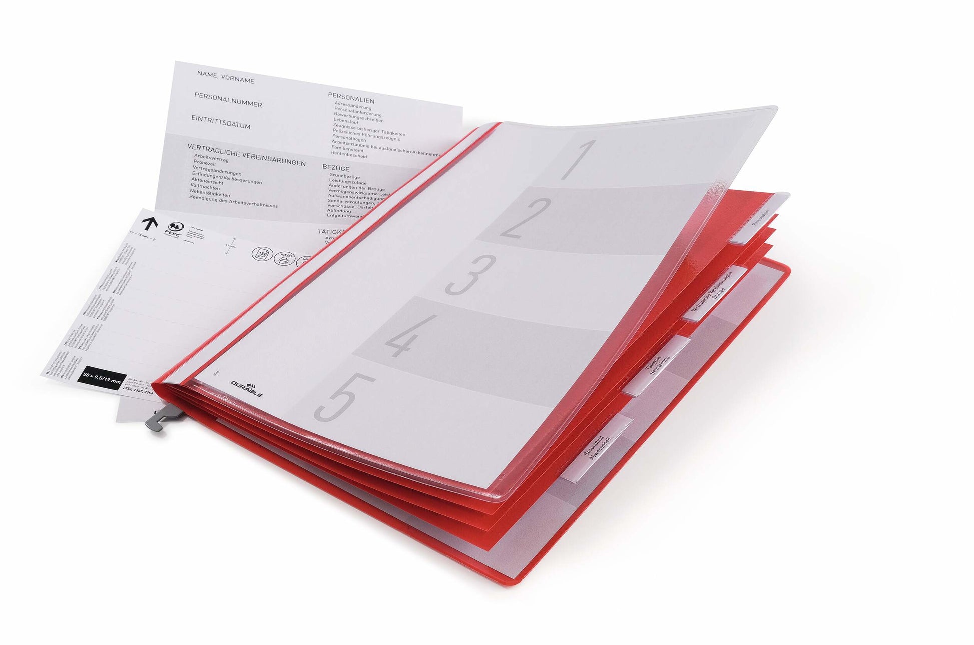Durable Personalakte – für A4, 5-teilig, rot, Kunststoff, 5 Stk., mit Hängeschiene