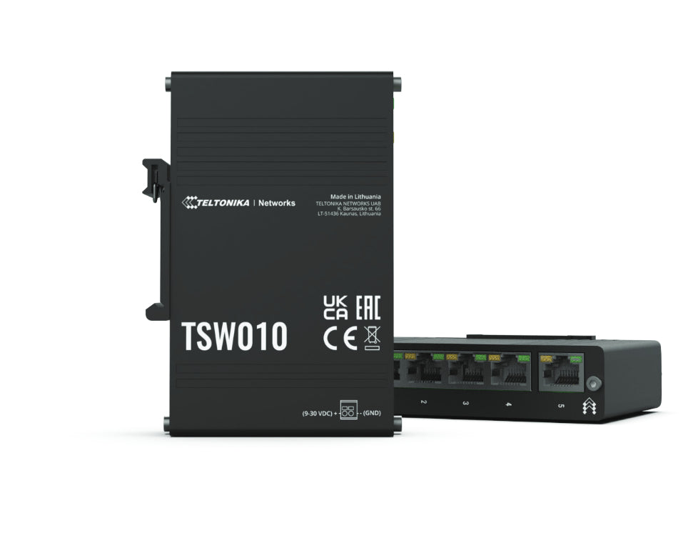 Teltonika TSW010 – Switch – 5× 10/100 Mbit/s, Passive PoE, DIN-Schiene