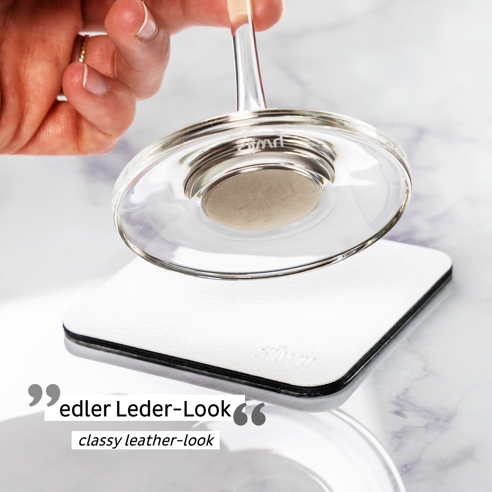 Silwy Untersetzer – 2er Set, 8,3 × 8,3 × 0,2 cm, Kunstleder/Metall, Nano-Gel, für Magnetgläser