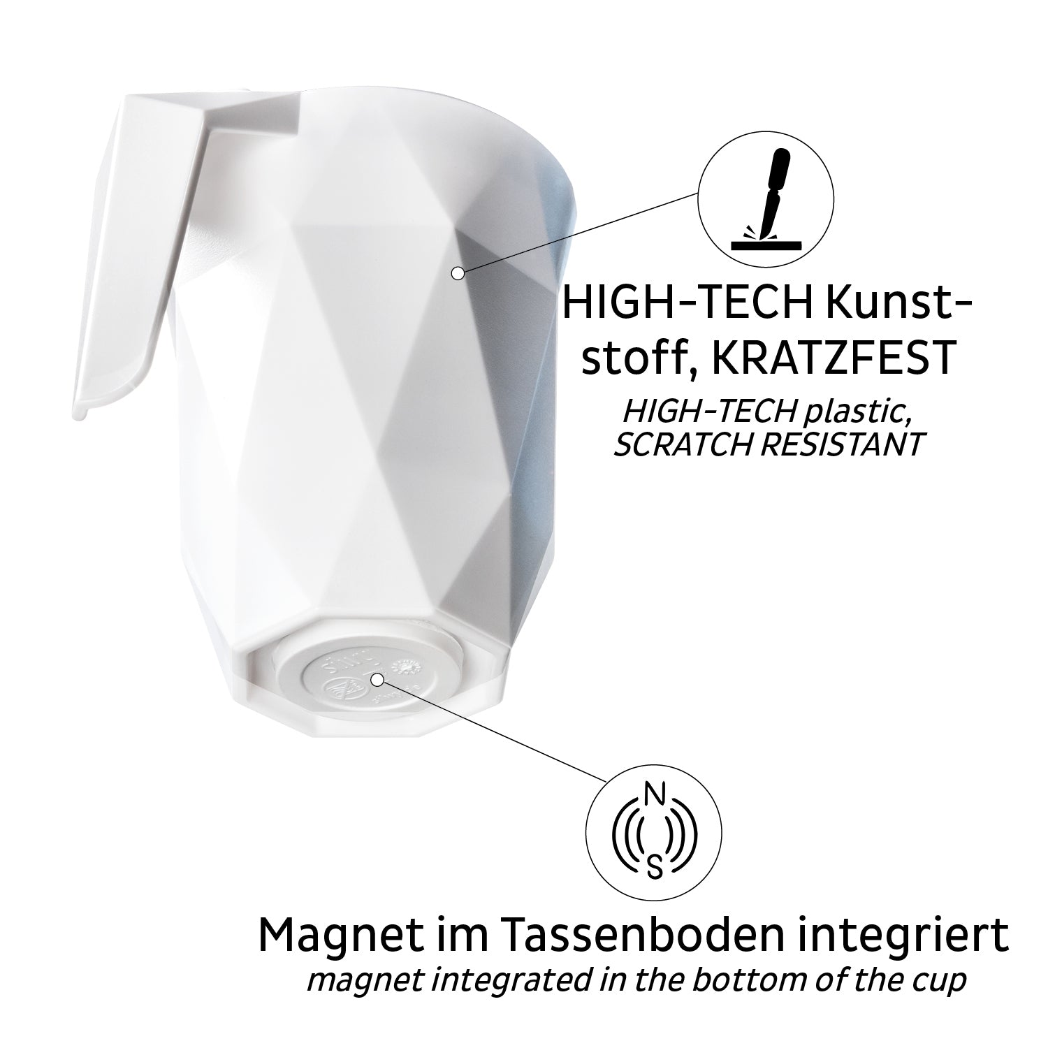 Silwy Becher – 300 ml, Ø 8,5 cm, Kunststoff, Weiss, mit Deckel, Magnet-Nano-Gel-Pad