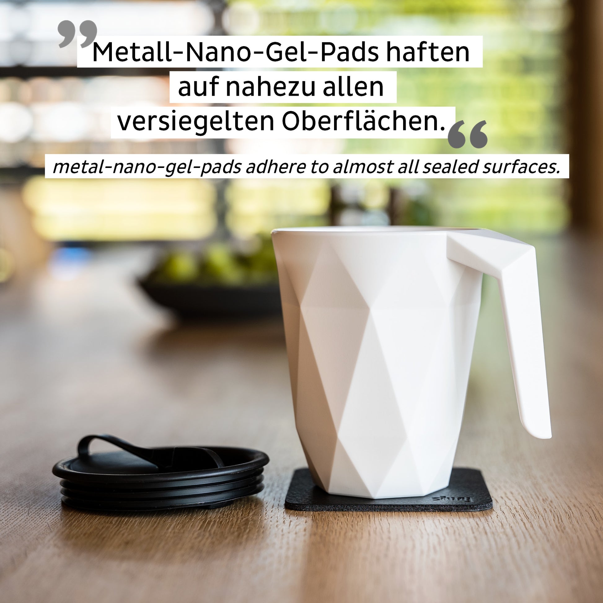 Silwy Becher – 300 ml, Ø 8,5 cm, Kunststoff, Weiss, mit Deckel, Magnet-Nano-Gel-Pad
