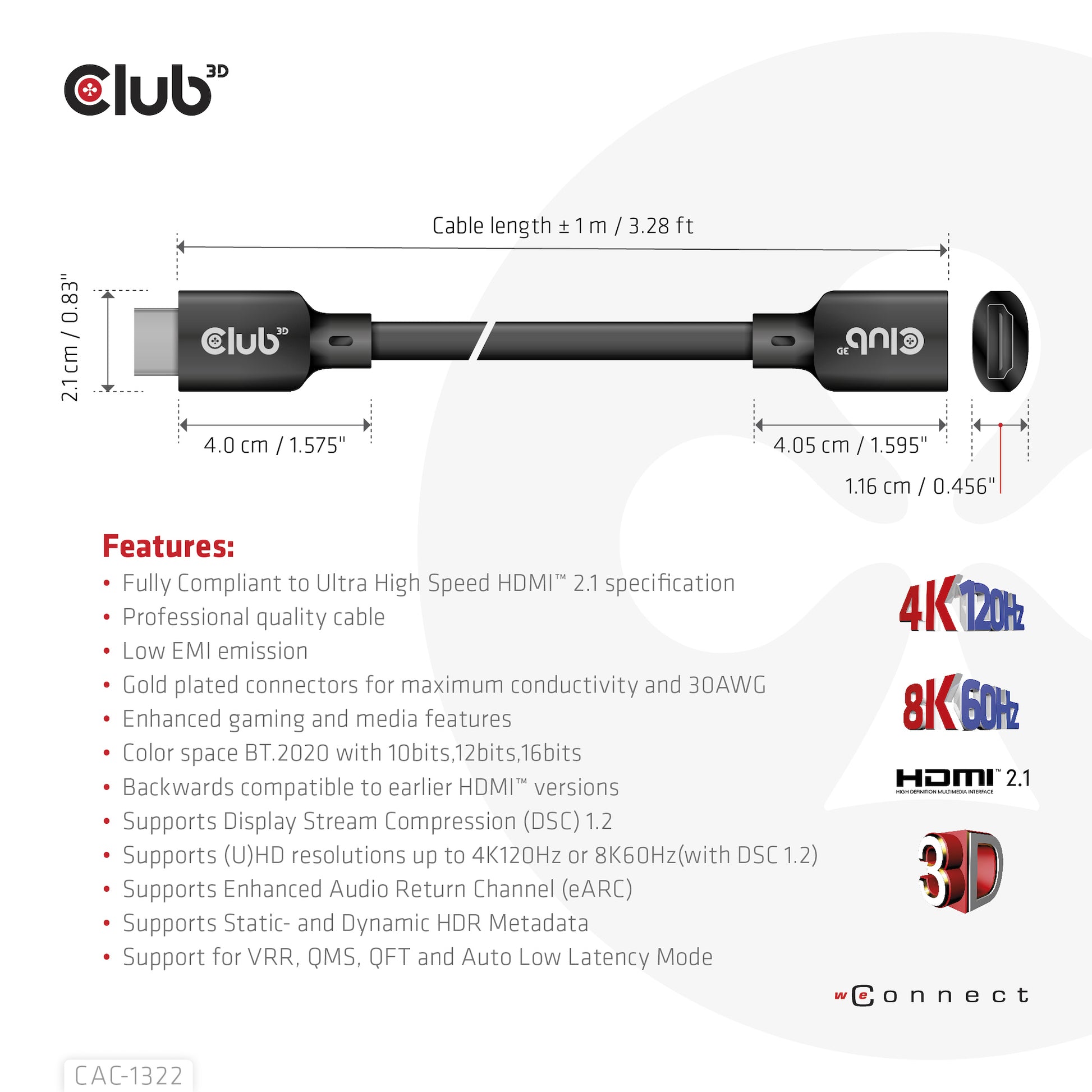 CLUB3D Club 3D HDMI Verlängerungskabel HDMI 2.1 8K 60 Hz – 1 m – HDR, ARC