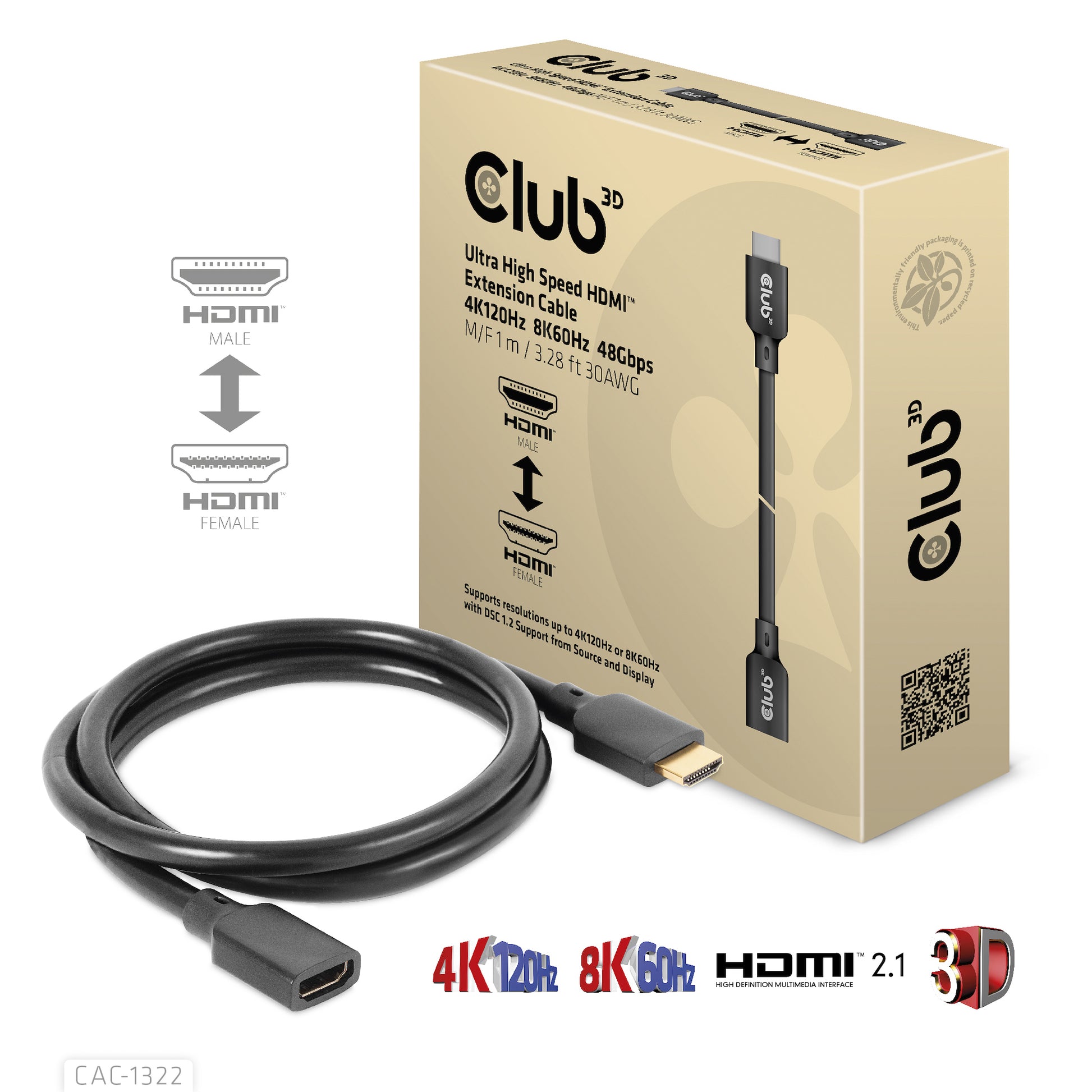 CLUB3D Club 3D HDMI Verlängerungskabel HDMI 2.1 8K 60 Hz – 1 m – HDR, ARC