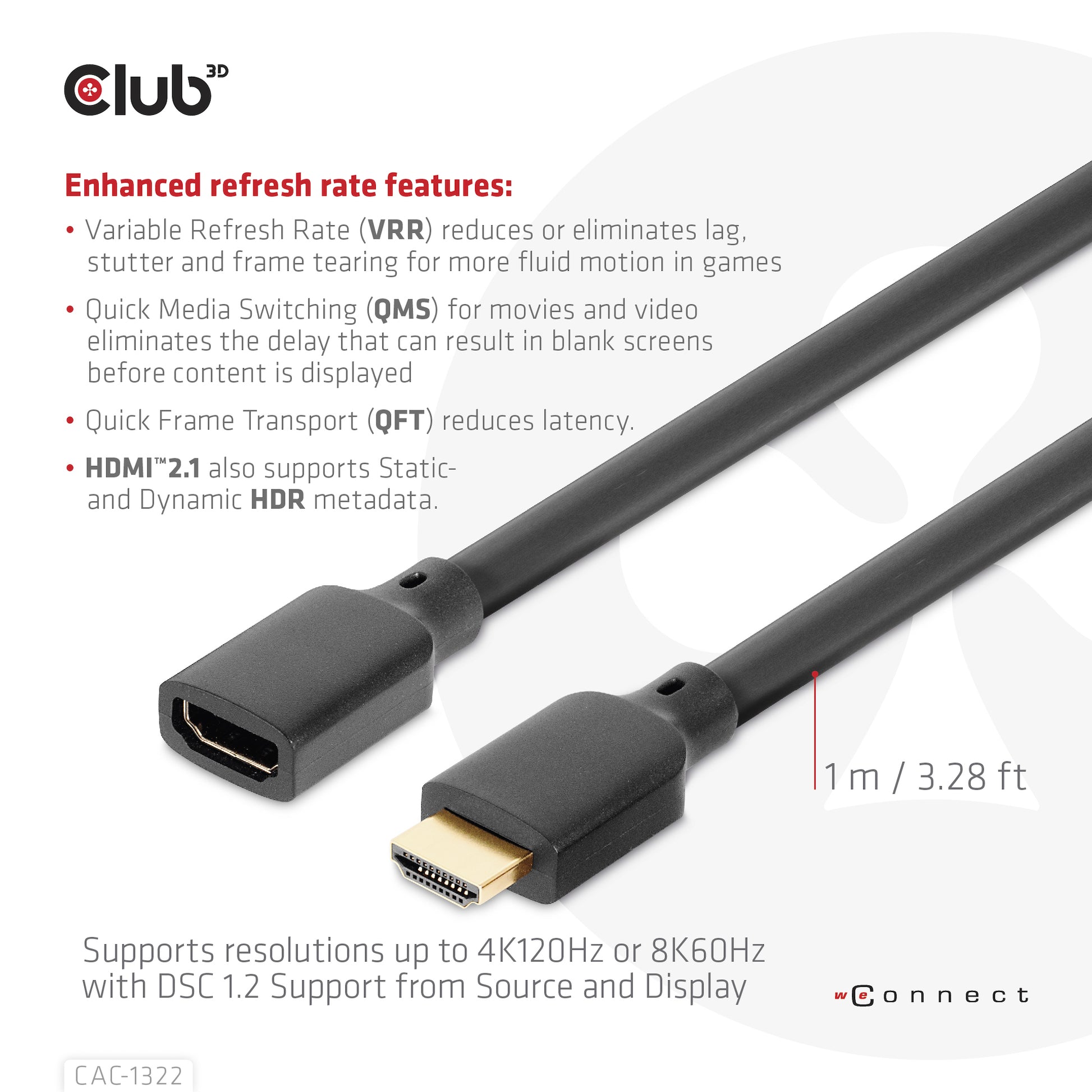CLUB3D Club 3D HDMI Verlängerungskabel HDMI 2.1 8K 60 Hz – 1 m – HDR, ARC