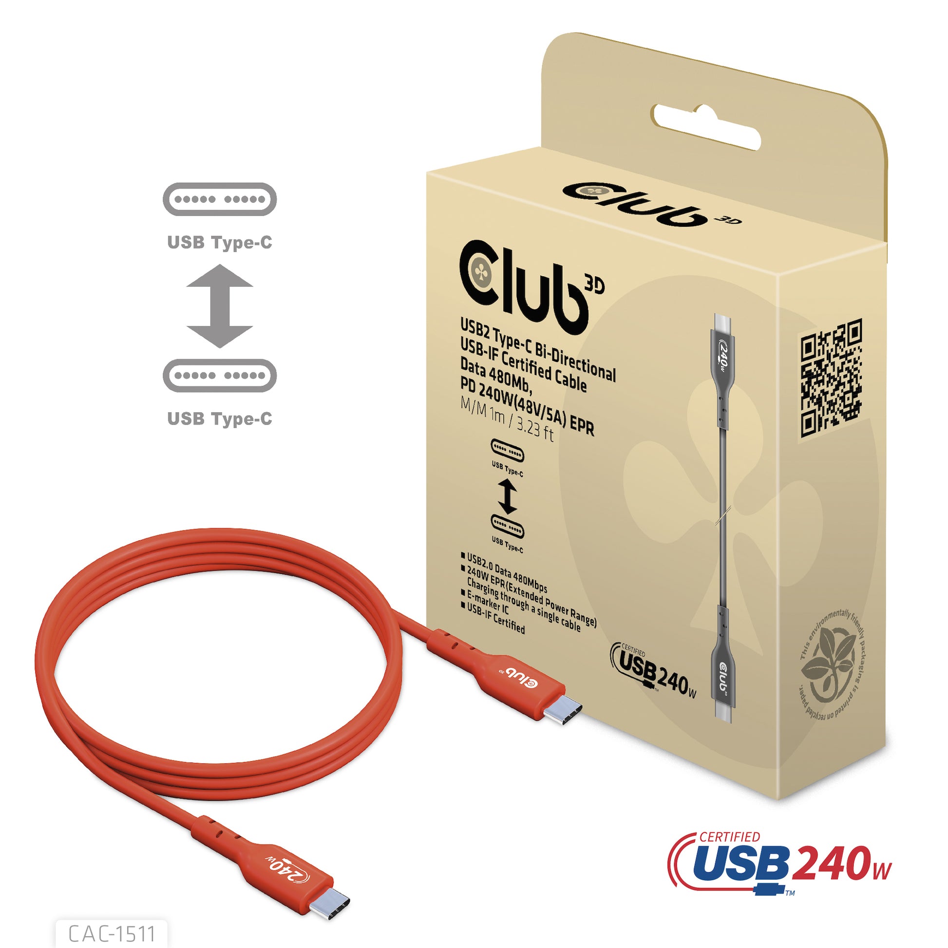 CLUB3D Club 3D – USB-C auf USB-C Kabel – USB 2.0 (480 Mbit/s) – 1 m – PD 240 W – USB-IF zertifiziert – Rot