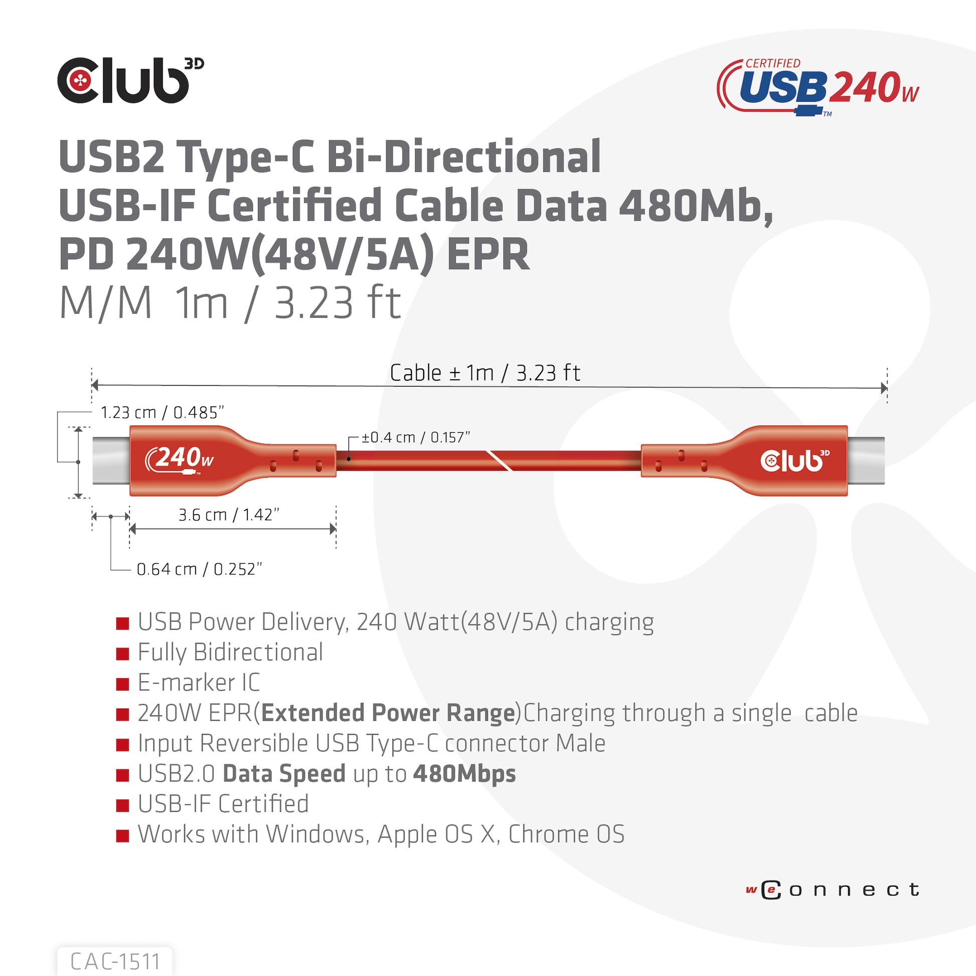 CLUB3D Club 3D – USB-C auf USB-C Kabel – USB 2.0 (480 Mbit/s) – 1 m – PD 240 W – USB-IF zertifiziert – Rot