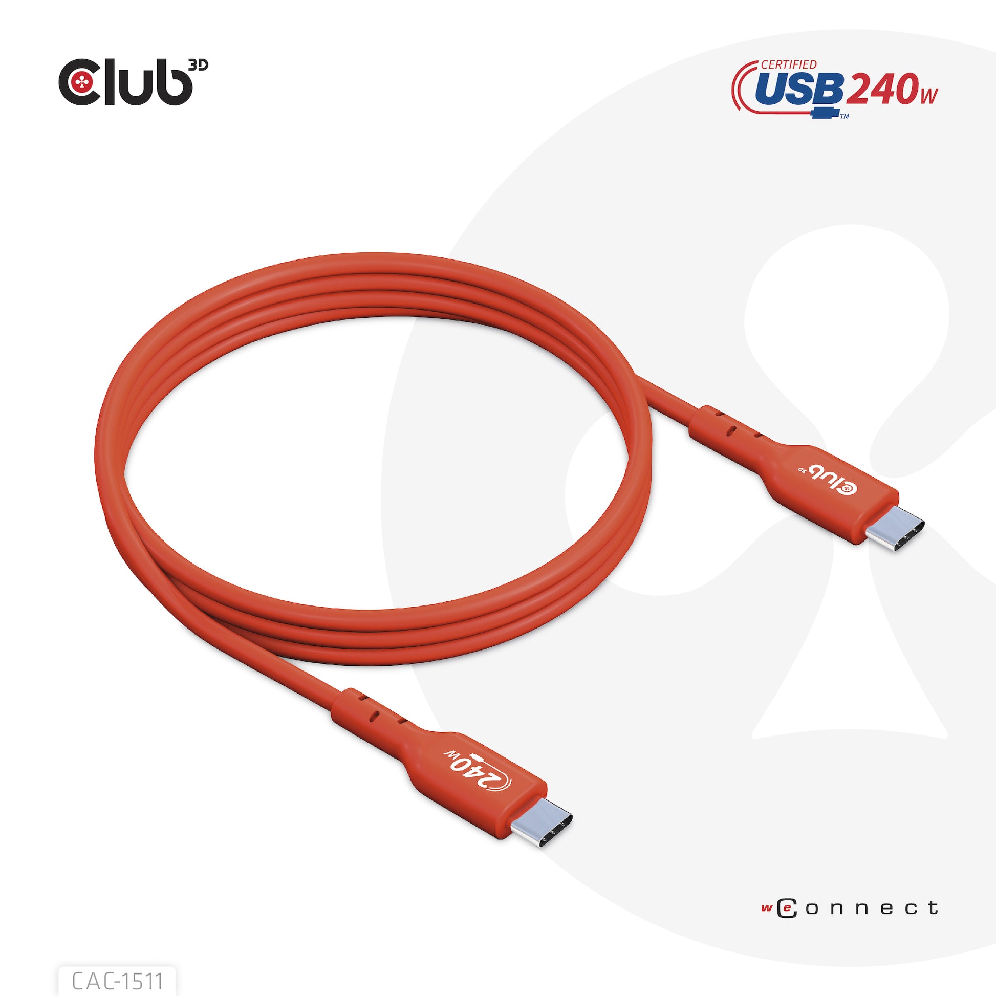 CLUB3D Club 3D – USB-C auf USB-C Kabel – USB 2.0 (480 Mbit/s) – 1 m – PD 240 W – USB-IF zertifiziert – Rot
