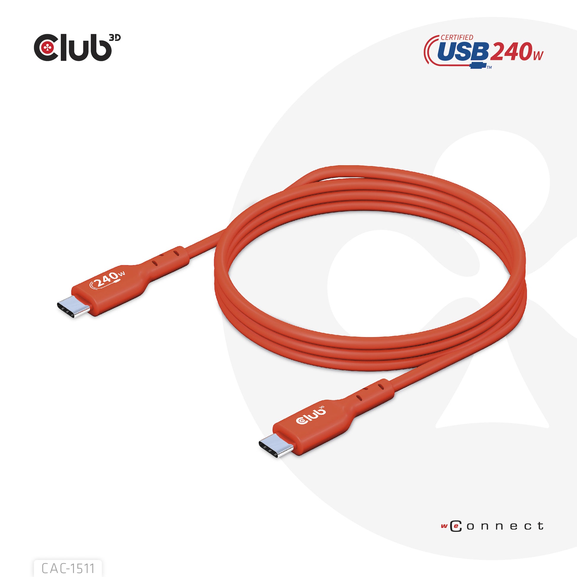 CLUB3D Club 3D – USB-C auf USB-C Kabel – USB 2.0 (480 Mbit/s) – 1 m – PD 240 W – USB-IF zertifiziert – Rot