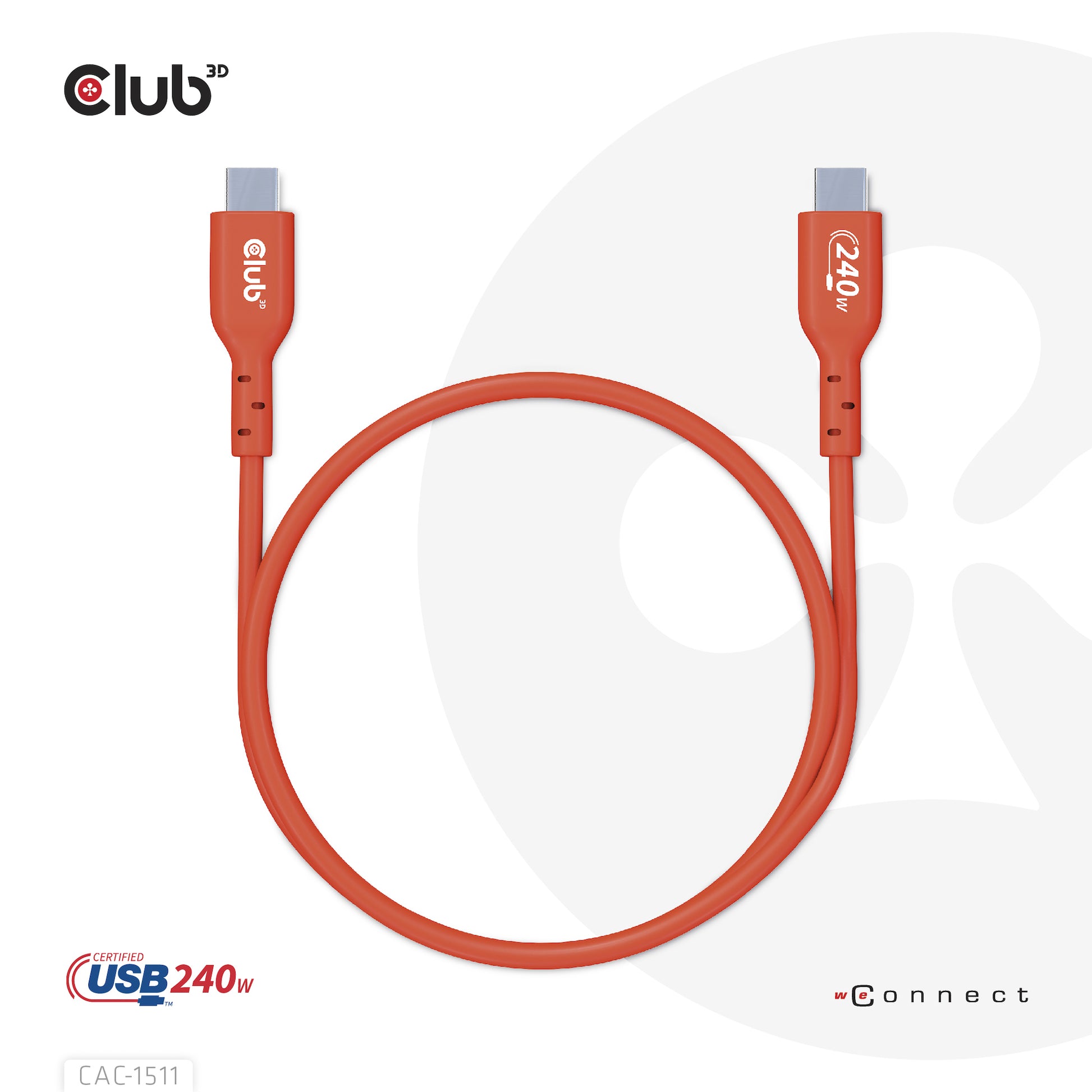 CLUB3D Club 3D – USB-C auf USB-C Kabel – USB 2.0 (480 Mbit/s) – 1 m – PD 240 W – USB-IF zertifiziert – Rot