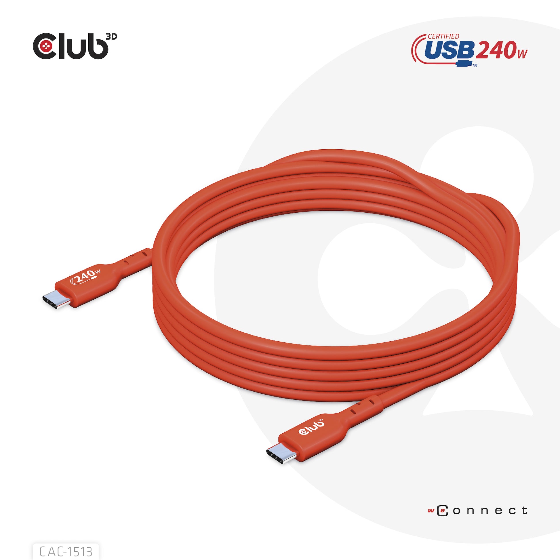CLUB3D Club 3D – USB-C auf USB-C Kabel – USB 2.0 (480 Mbps) – 3 m – PD 240 W – USB-IF zertifiziert, verstärkt