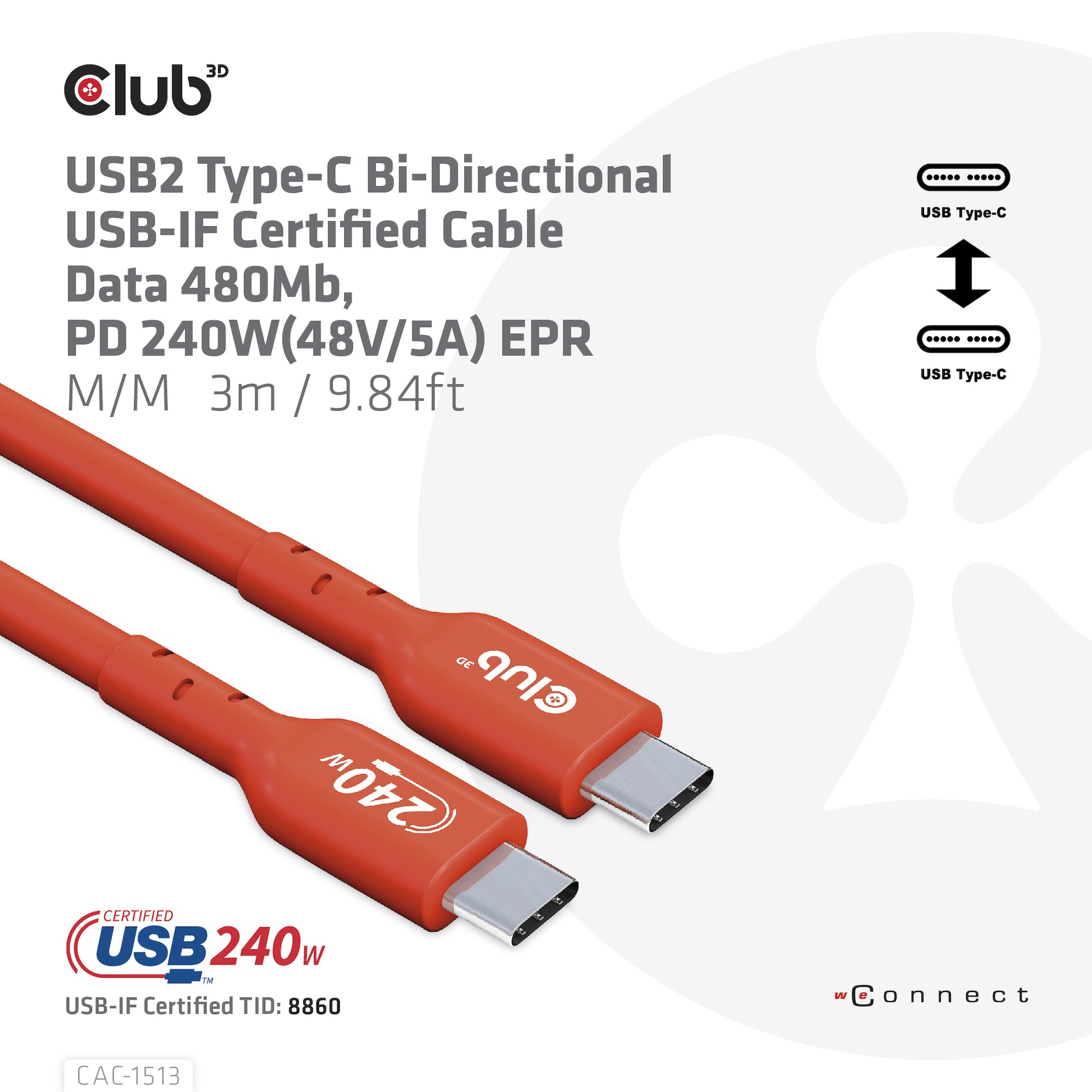 CLUB3D Club 3D – USB-C auf USB-C Kabel – USB 2.0 (480 Mbps) – 3 m – PD 240 W – USB-IF zertifiziert, verstärkt