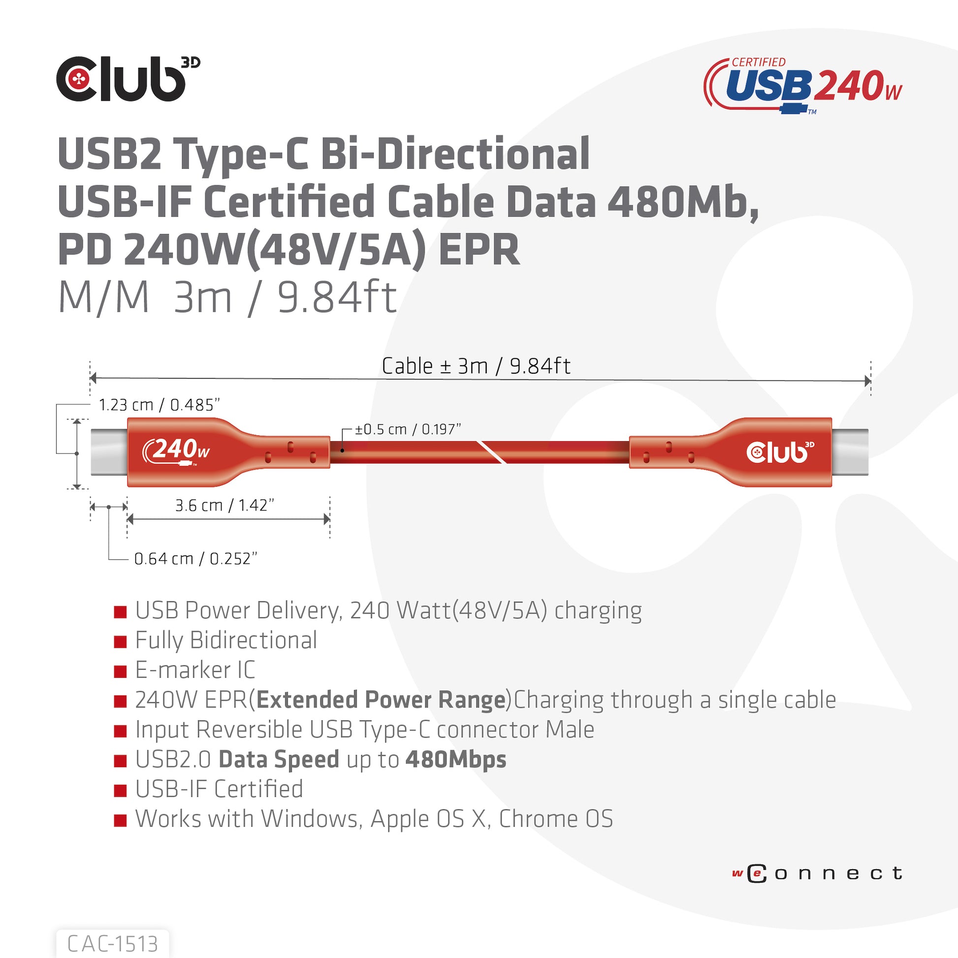 CLUB3D Club 3D – USB-C auf USB-C Kabel – USB 2.0 (480 Mbps) – 3 m – PD 240 W – USB-IF zertifiziert, verstärkt