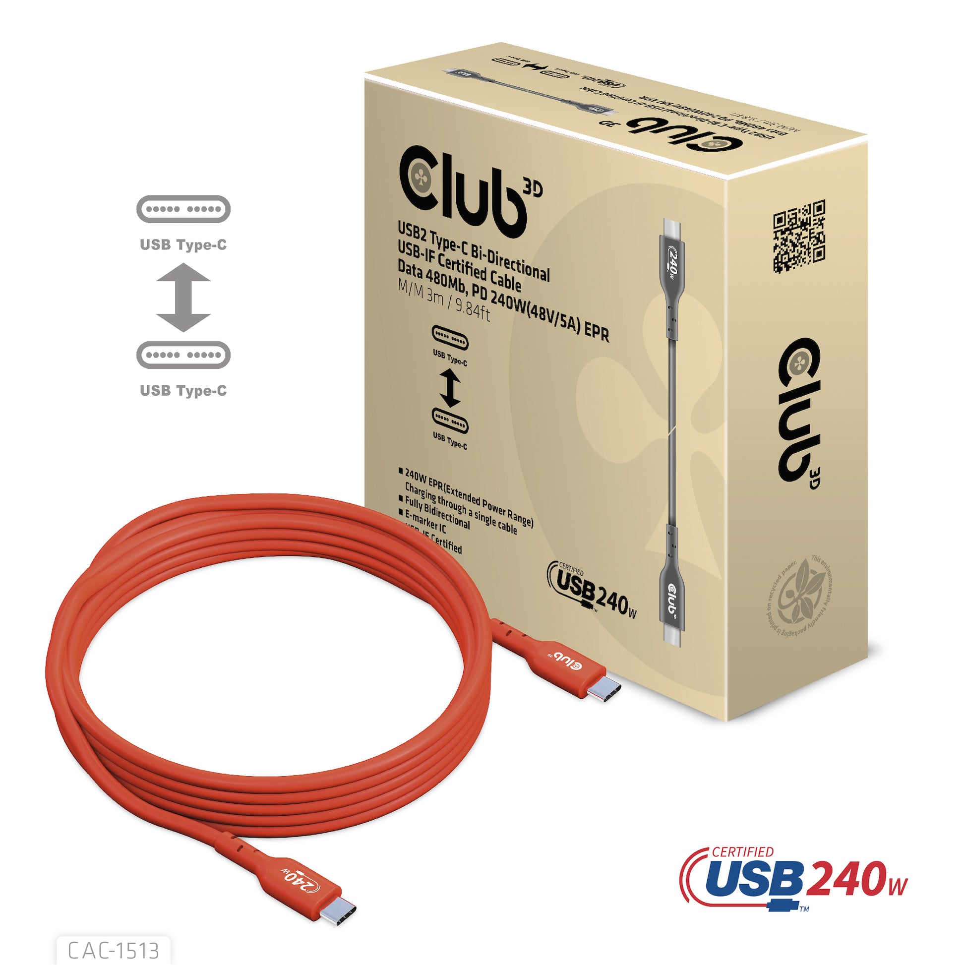 CLUB3D Club 3D – USB-C auf USB-C Kabel – USB 2.0 (480 Mbps) – 3 m – PD 240 W – USB-IF zertifiziert, verstärkt