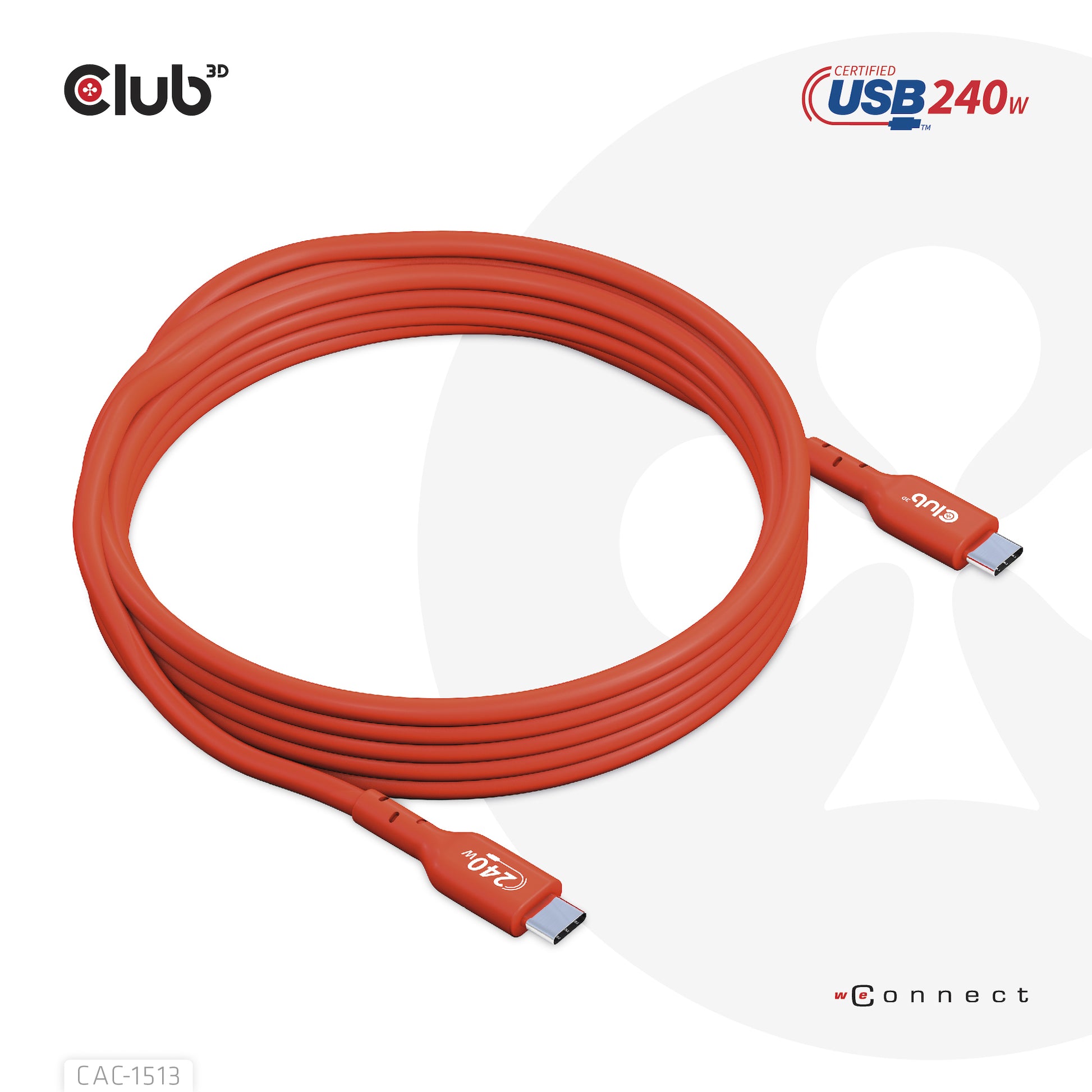 CLUB3D Club 3D – USB-C auf USB-C Kabel – USB 2.0 (480 Mbps) – 3 m – PD 240 W – USB-IF zertifiziert, verstärkt
