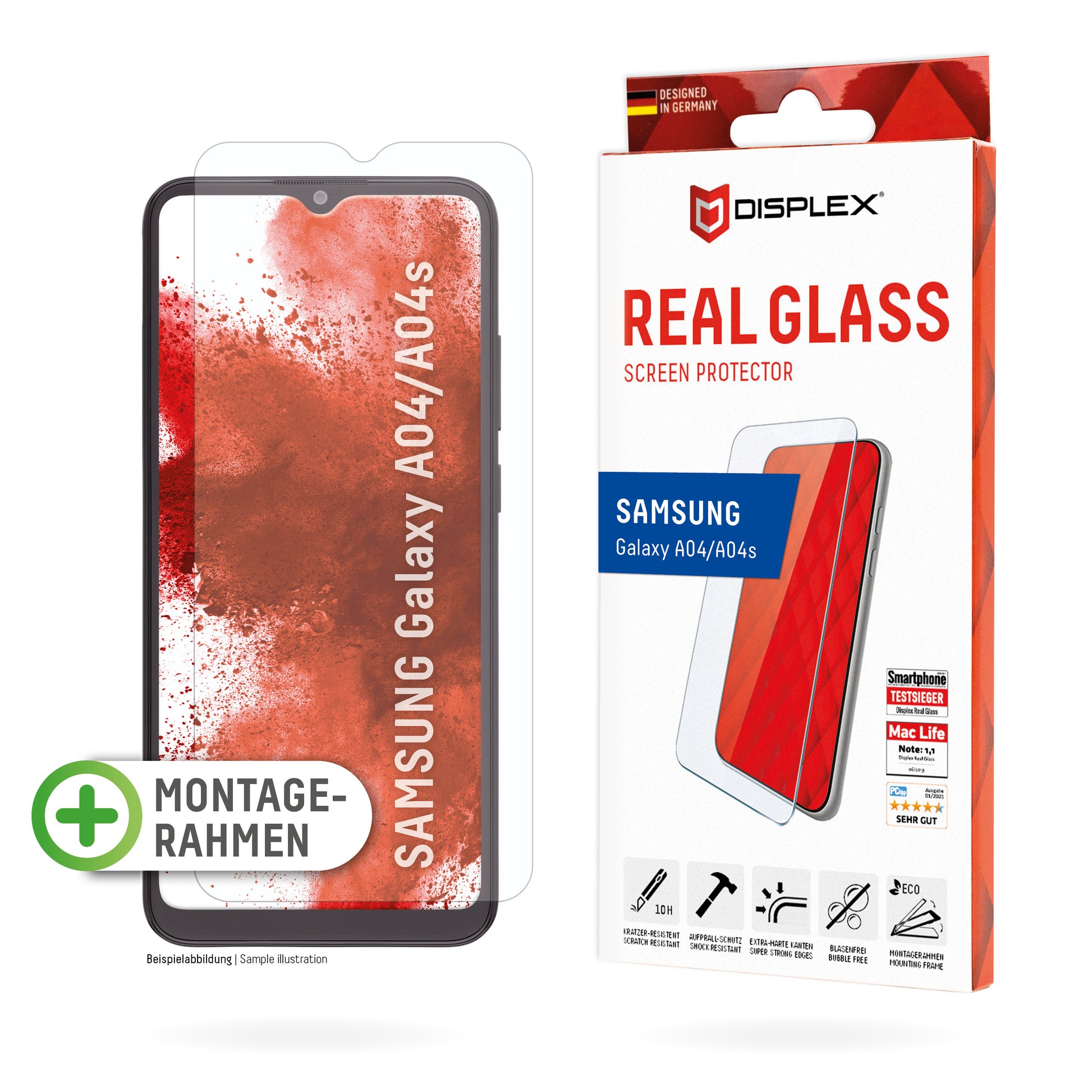 Displex Displayschutz (Panzerglas), Hüllenfreundlich – für Galaxy A04/A04s – mit Applikator