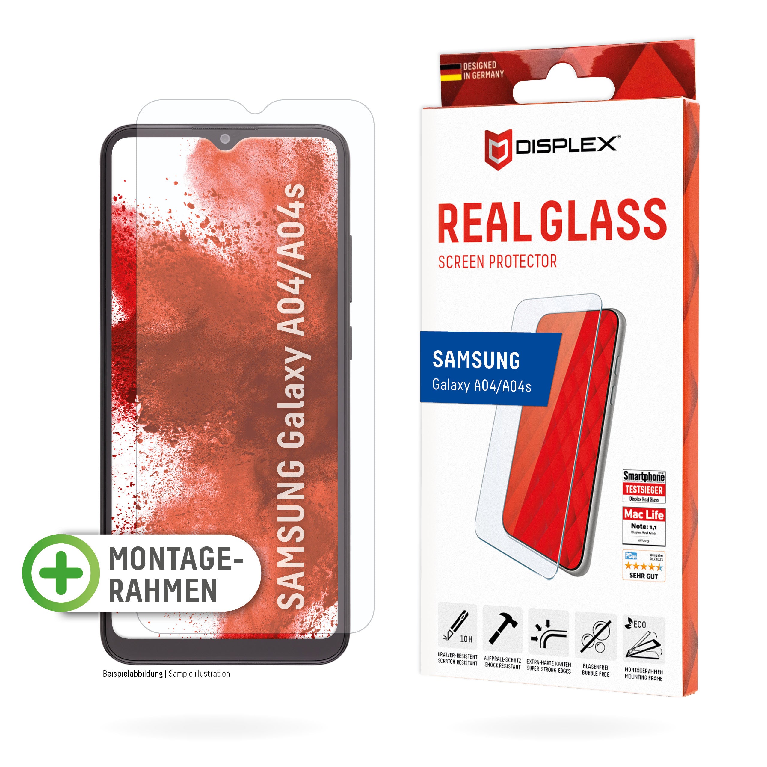 Displex Displayschutz (Panzerglas), Hüllenfreundlich – für Galaxy A04/A04s – mit Applikator