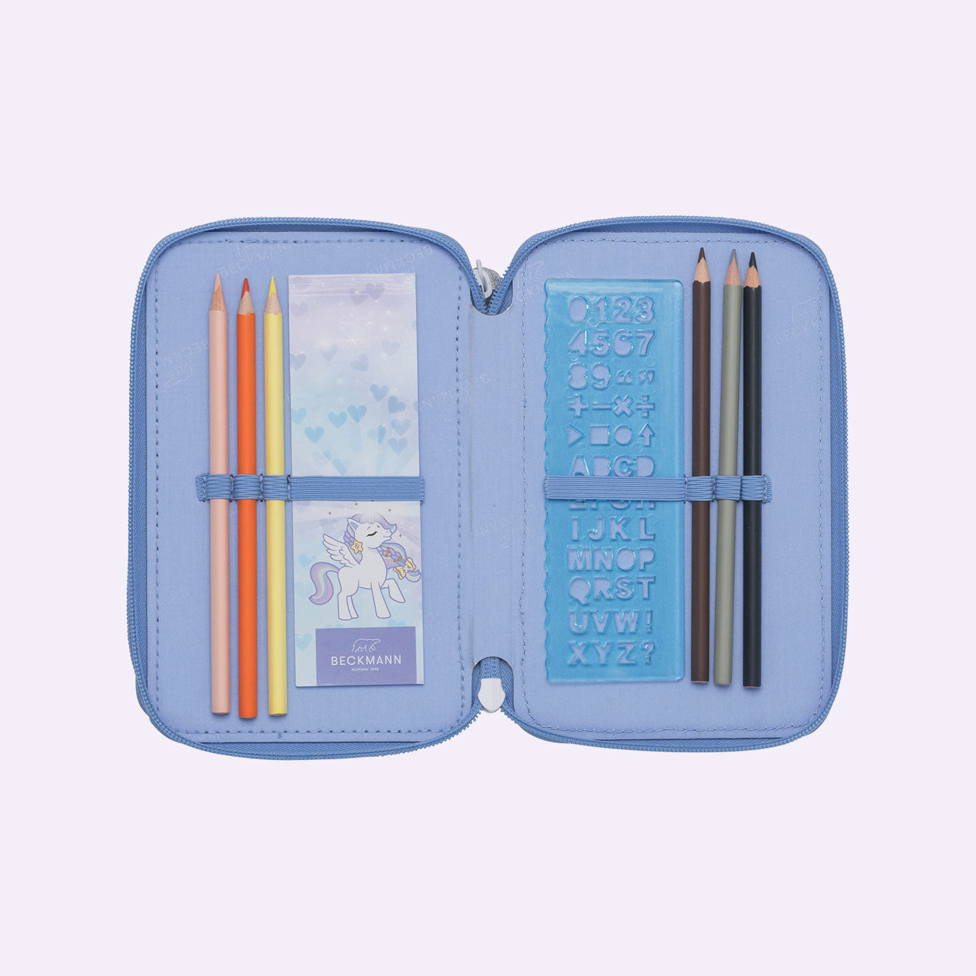 Beckmann Classic Etui Triple, gefüllt, 27-teilig – Unicorn Princess Ice Blue – Kunststoff – 13 × 20,5 × 7 cm