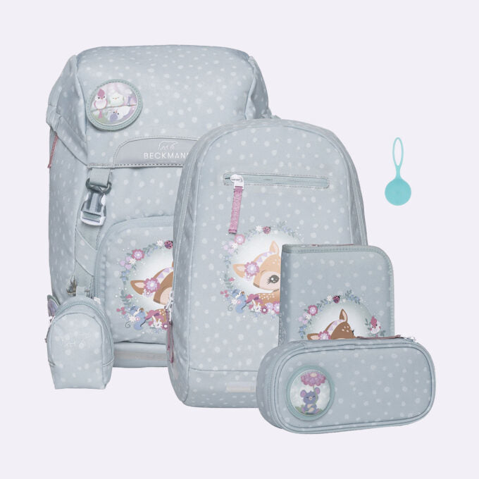 Beckmann Schulrucksack Classic 1st – 6-teilig – Forest Deer Dusty Mint – mit Leuchteffekt