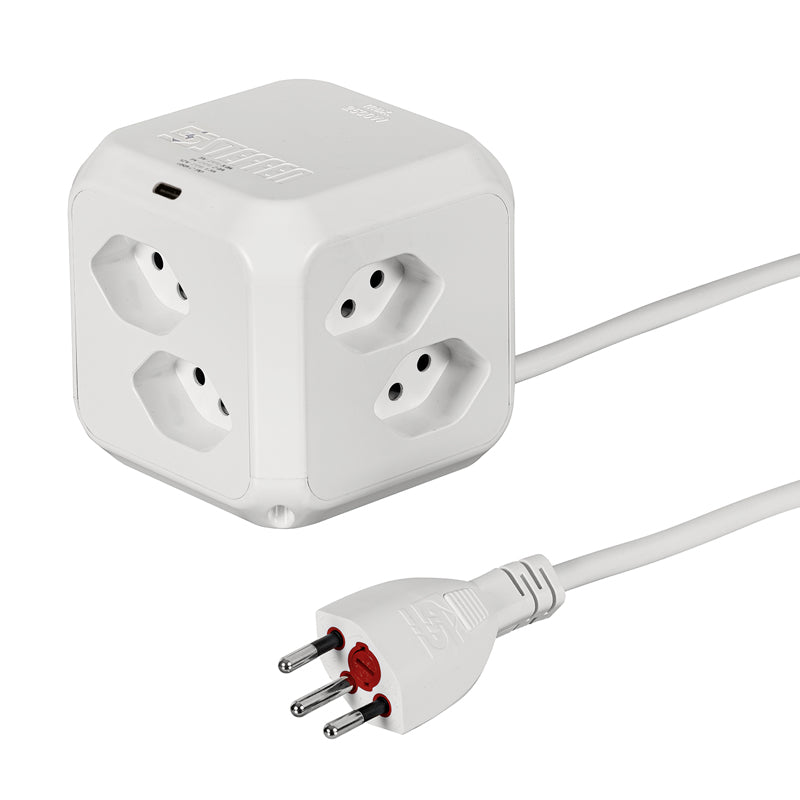 Steffen Steckdosenleiste Cube – 1,50 m, Kunststoff, Weiss, 8× T13, 1× USB-C PD 18 W, Überspannungsschutz