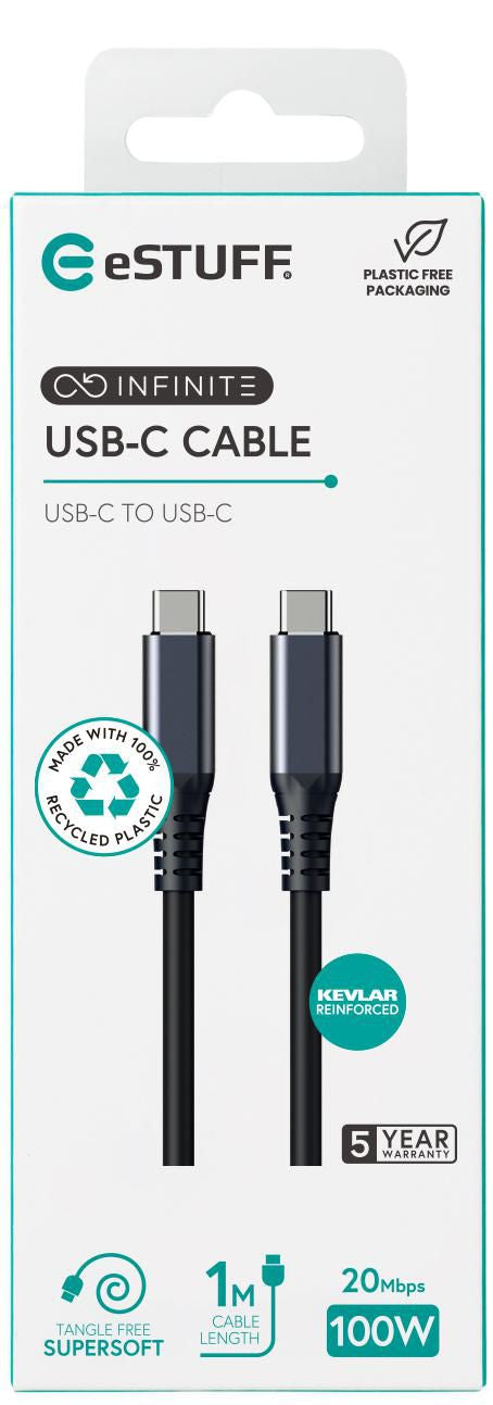 eSTUFF USB-C auf USB-C Kabel – USB4 20 Gbit/s – 1 m – PD 100 W – Recycelt – Schwarz