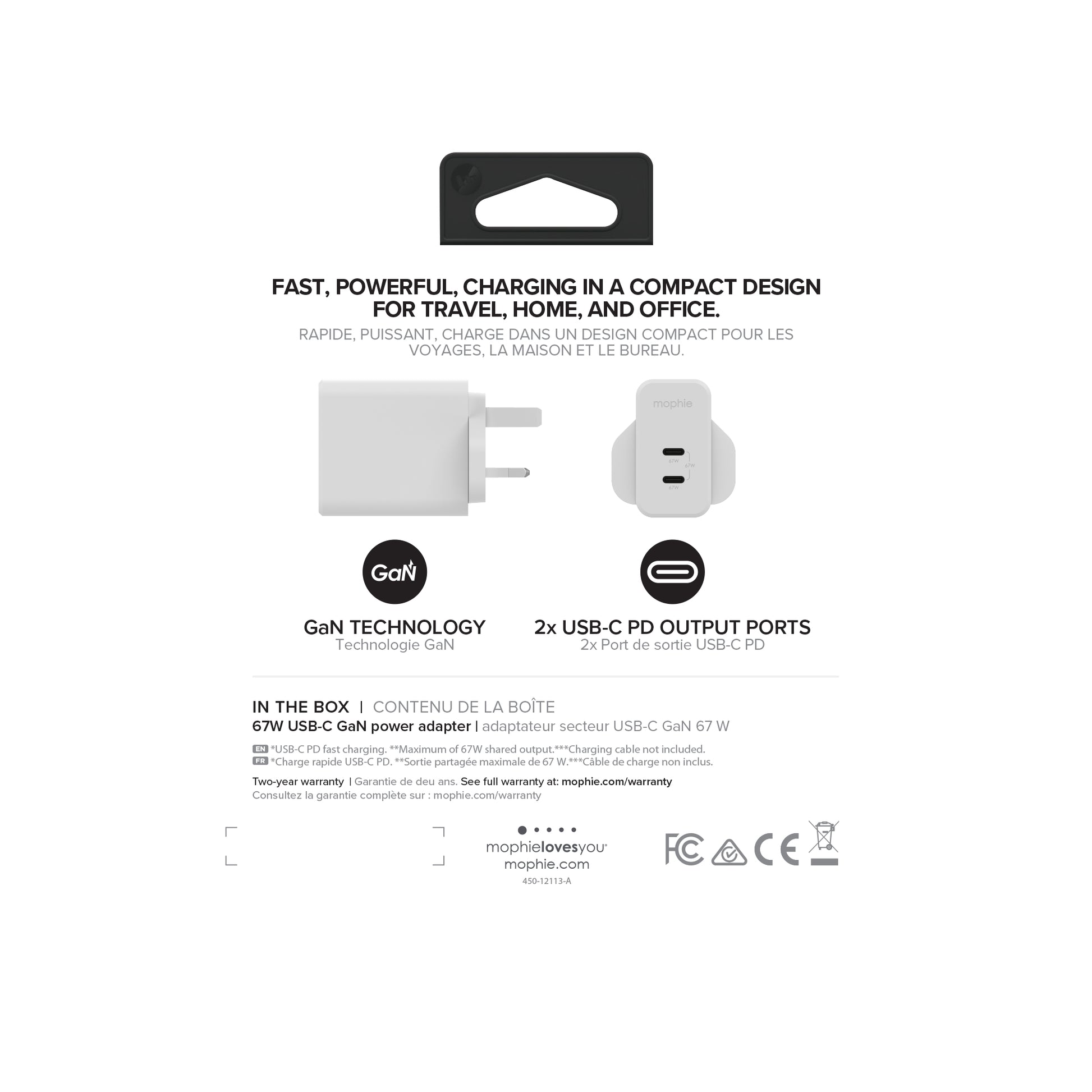 Mophie MOPHIEWALL Netzteil (UK) – 67 W, 2× USB-C, PD, GaN