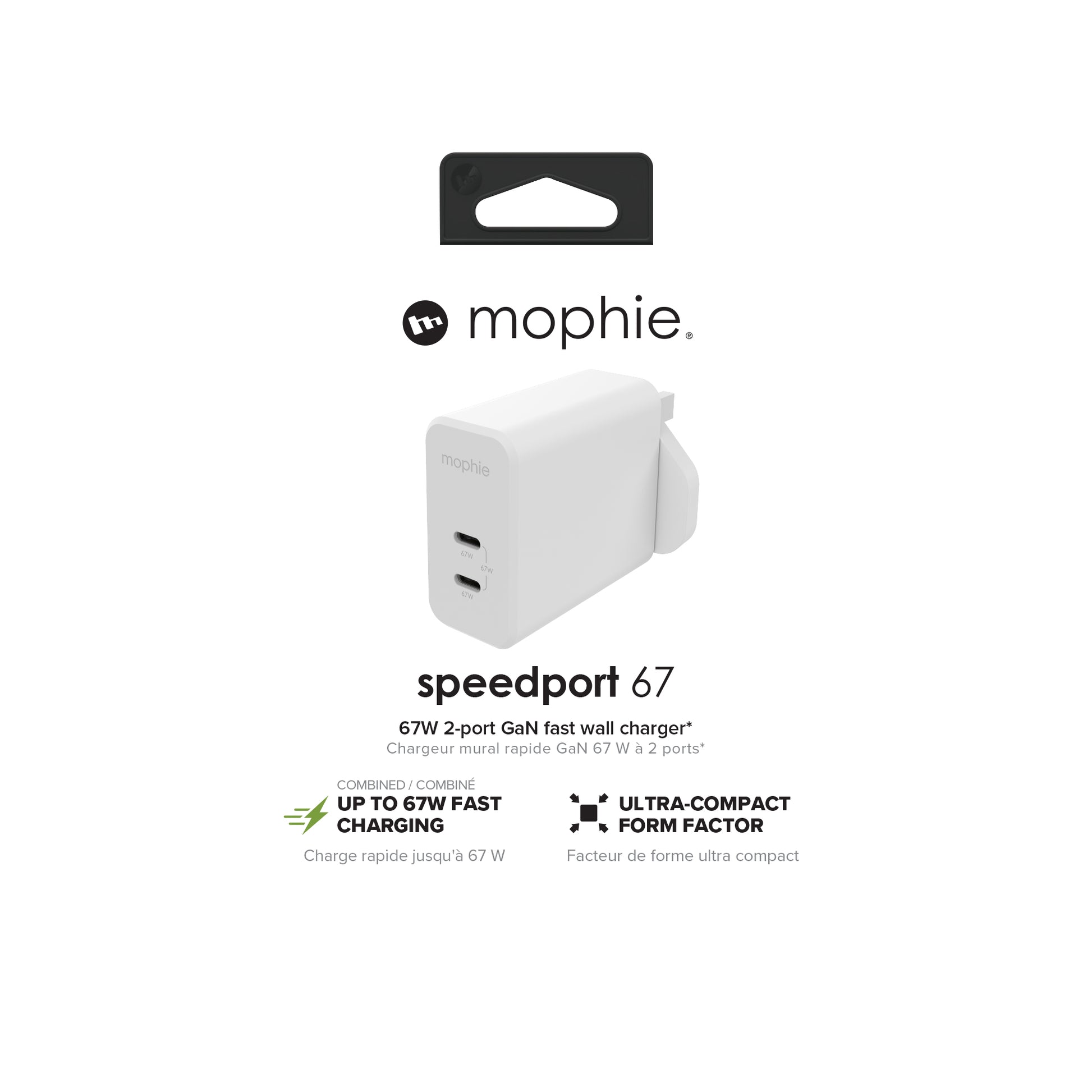Mophie MOPHIEWALL Netzteil (UK) – 67 W, 2× USB-C, PD, GaN
