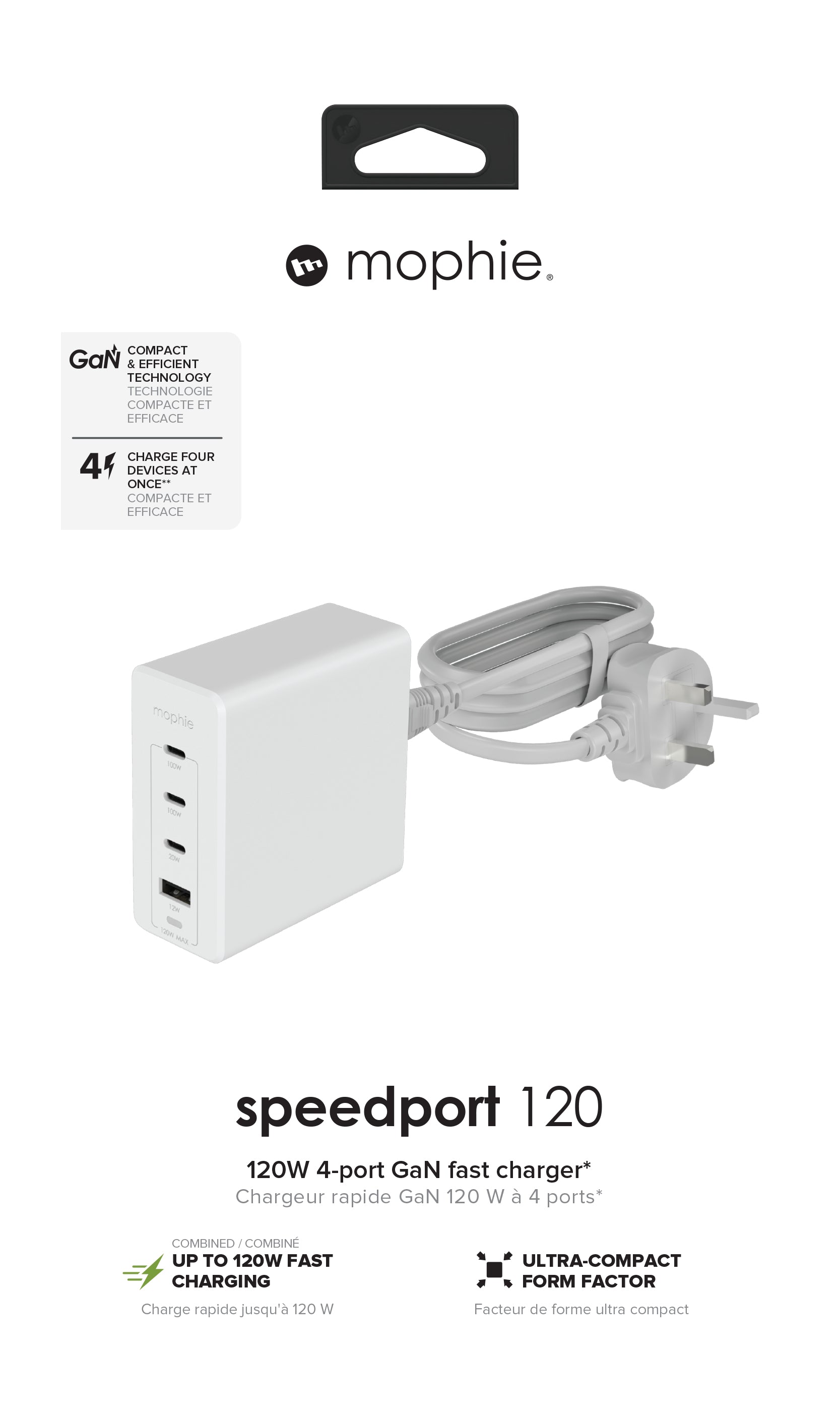 mophie Wandadapter USB-C PD Hub (UK) – 120 W, 3× USB-C + 1× USB-A, PD, GaN