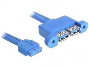 DeLOCK USB-Pinheader auf 2 x USB-A Kabel – USB 3.2 Gen 1 (5 Gbit/s) – 0,45 m – Verschraubbar – Blau