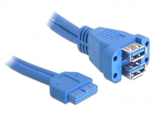DeLOCK USB-Kabel – USB 3.0 Pinheader auf 2 x USB-A Buchse – USB 3.2 Gen 1 (5 Gbit/s) – 0,45 m – Blau