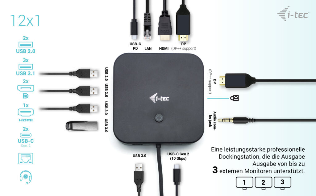 i-tec Dockingstation – USB-C, 2× DP, 1× HDMI, 5× USB-A, 2× USB-C, 100 W PD, GbE, 3,5 mm Audio