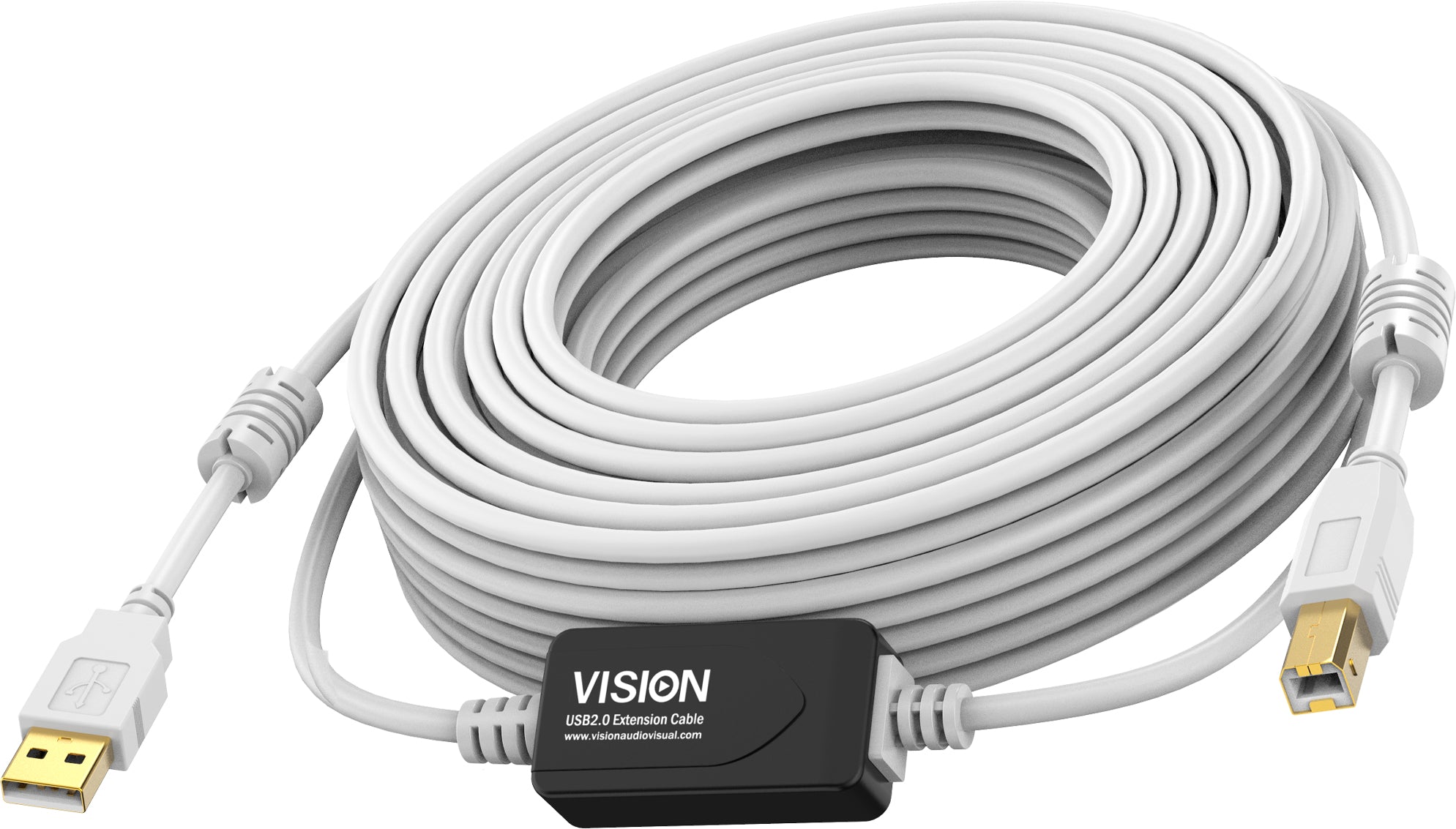 Vision USB-A auf USB-B Kabel – USB 2.0 (480 Mbit/s) – 15 m – Goldstecker – Weiss