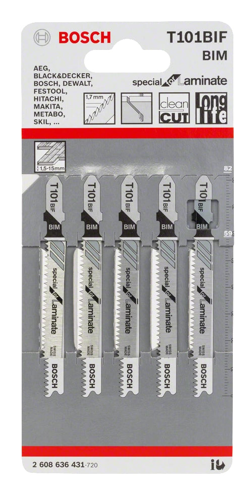 Bosch Professionelles Stichsägeblatt 83 × 1,7 mm – für Laminat, laminiertes Paneel, Parkett u. a. – 5 Stk
