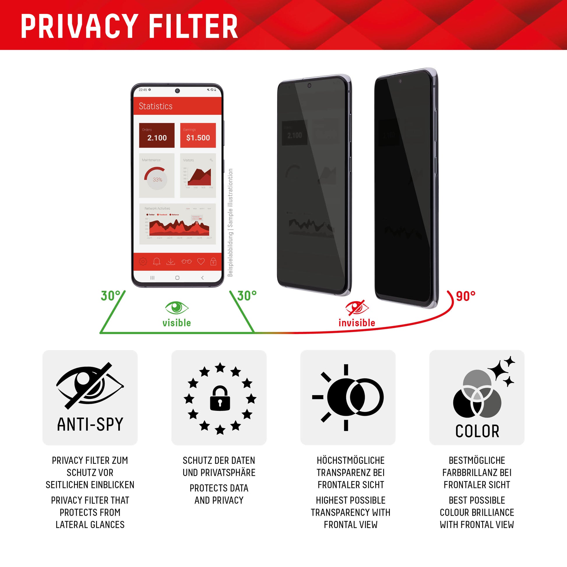 Displex Privacy-Filter (Panzerglas) – für Galaxy S22+/S23+ – mit Applikator