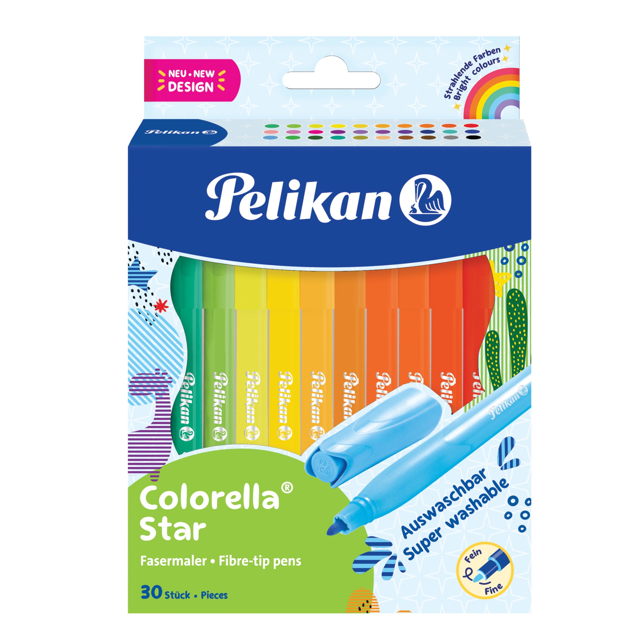 Pelikan Colorella Star Filzstifte – Rundspitze, 0,6 mm, wasserbasiert, auswaschbar, 30 Farben