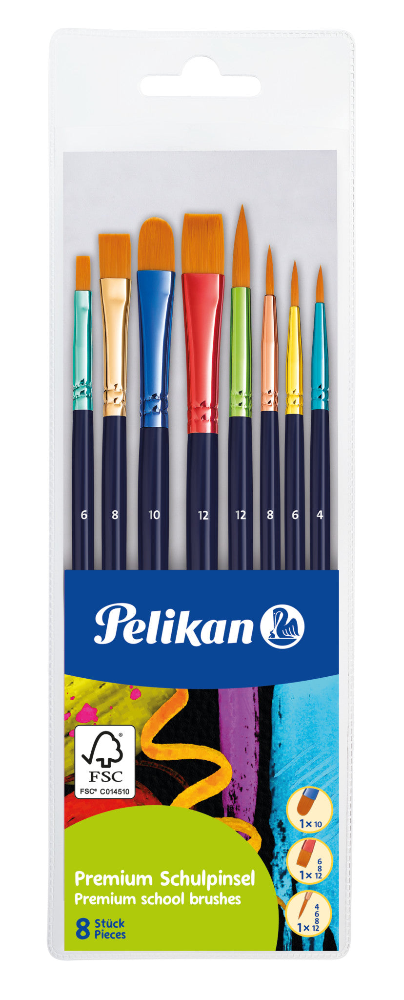 Pelikan Pinsel-Set – Sortiert, Synthetikborsten, Holzstiel (FSC), Grössen 4/6/8/10/12, 8-teiliges Set