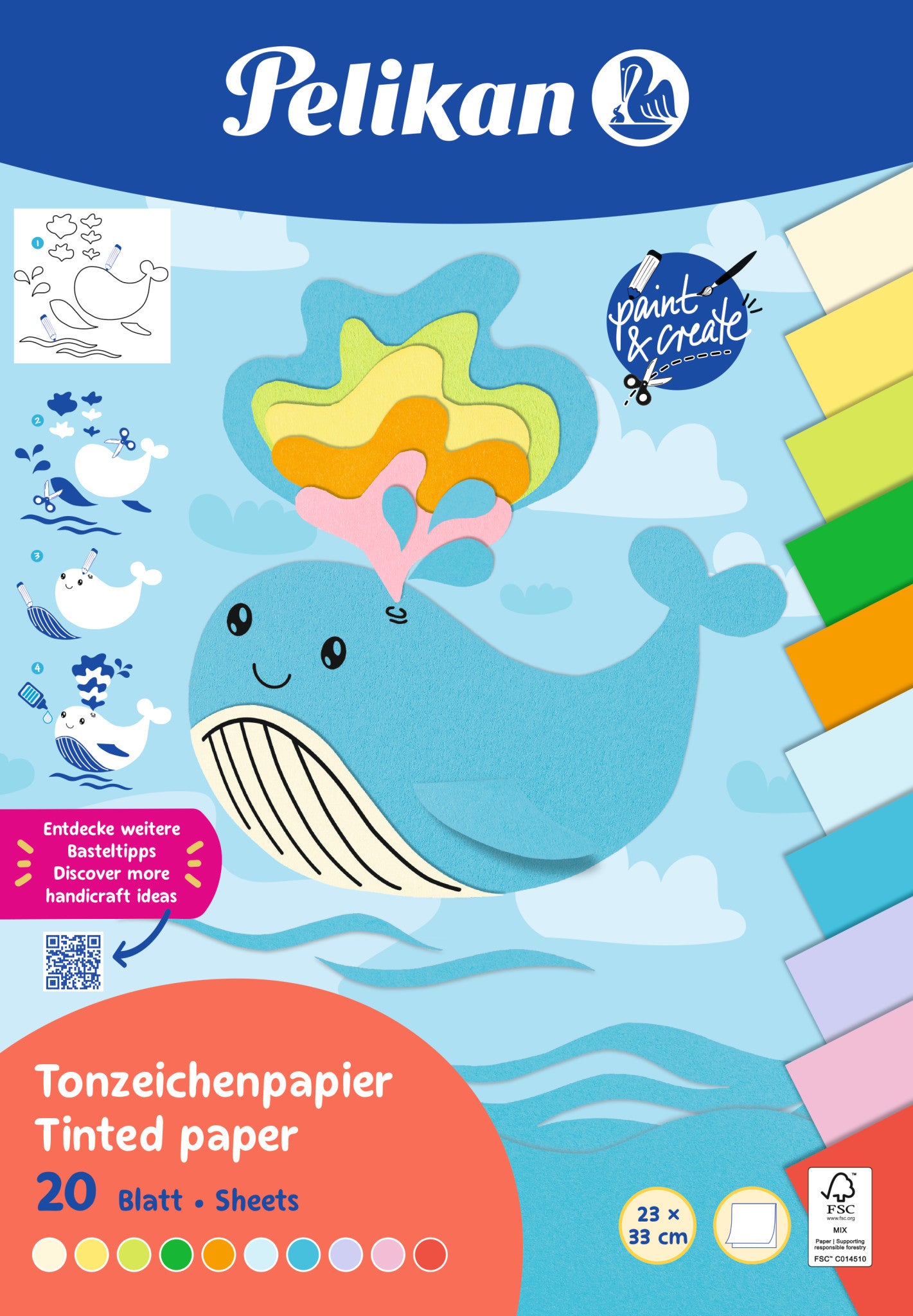 Pelikan Tonzeichenpapier – 23 × 33 cm, 120 g/m², farbig sortiert, geleimt, 20 Blatt