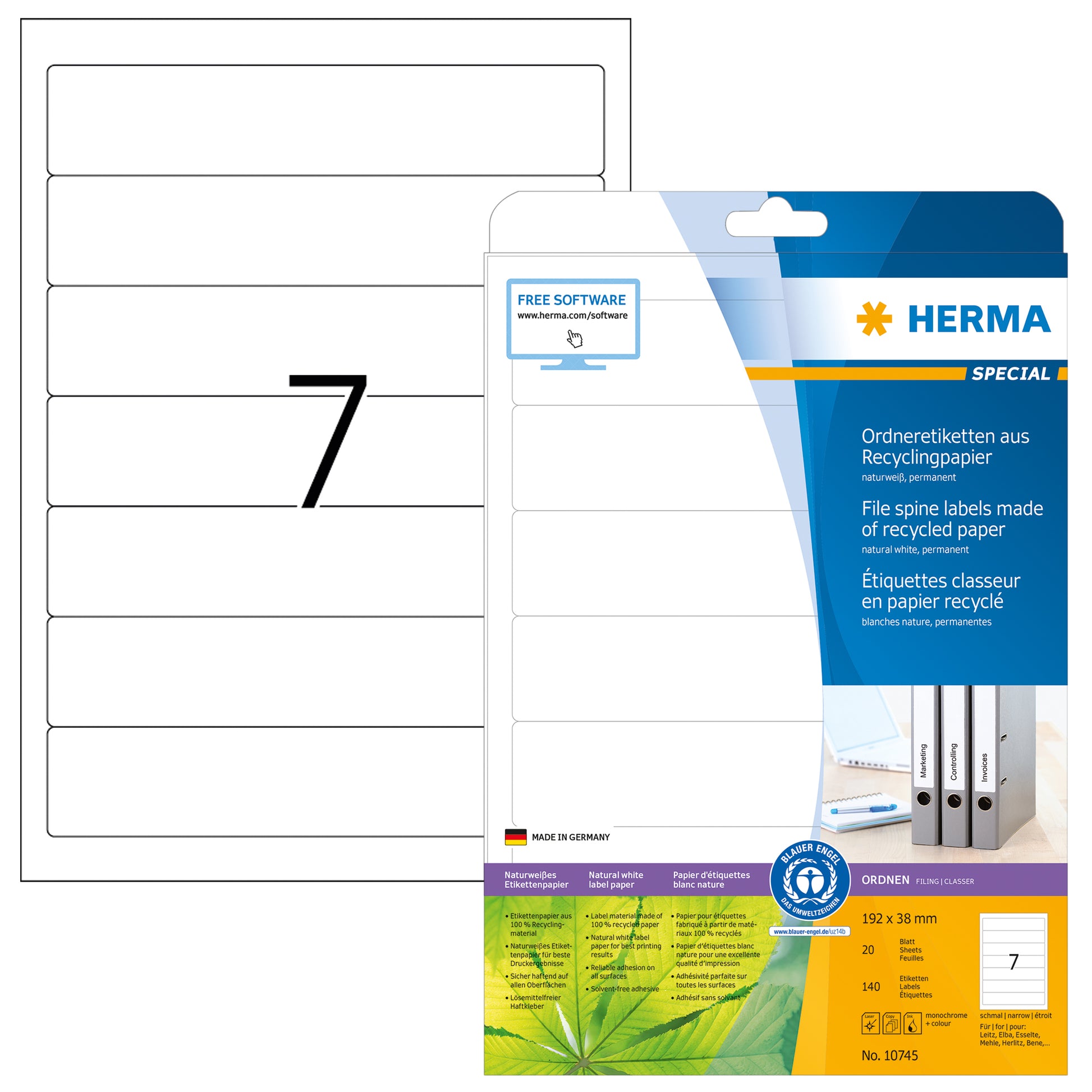 HERMA Druckeretiketten, 192 mm × 38 mm, naturweiss, Altpapier, permanent, Packung 20 Blätter (140 Etiketten)