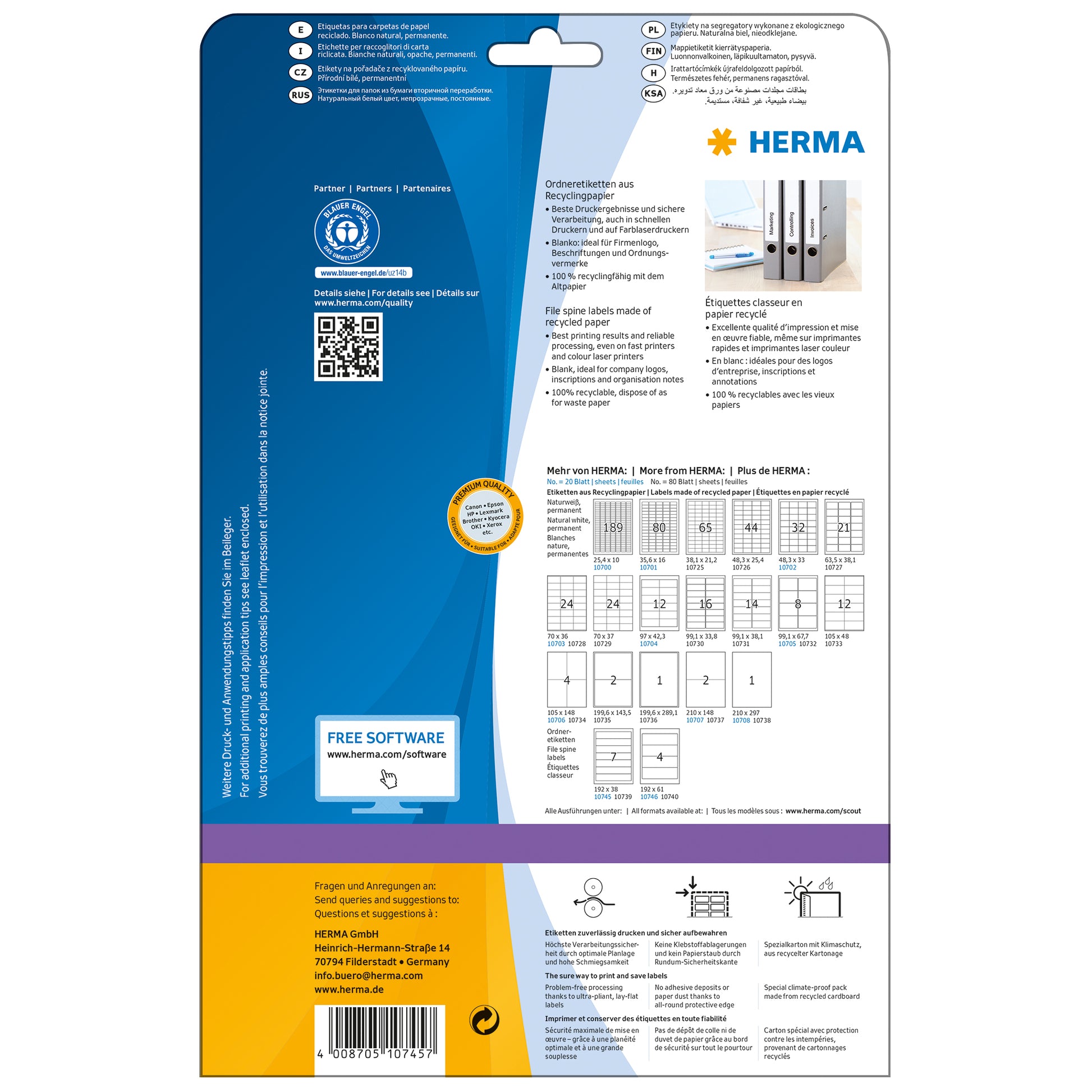 HERMA Druckeretiketten, 192 mm × 38 mm, naturweiss, Altpapier, permanent, Packung 20 Blätter (140 Etiketten)