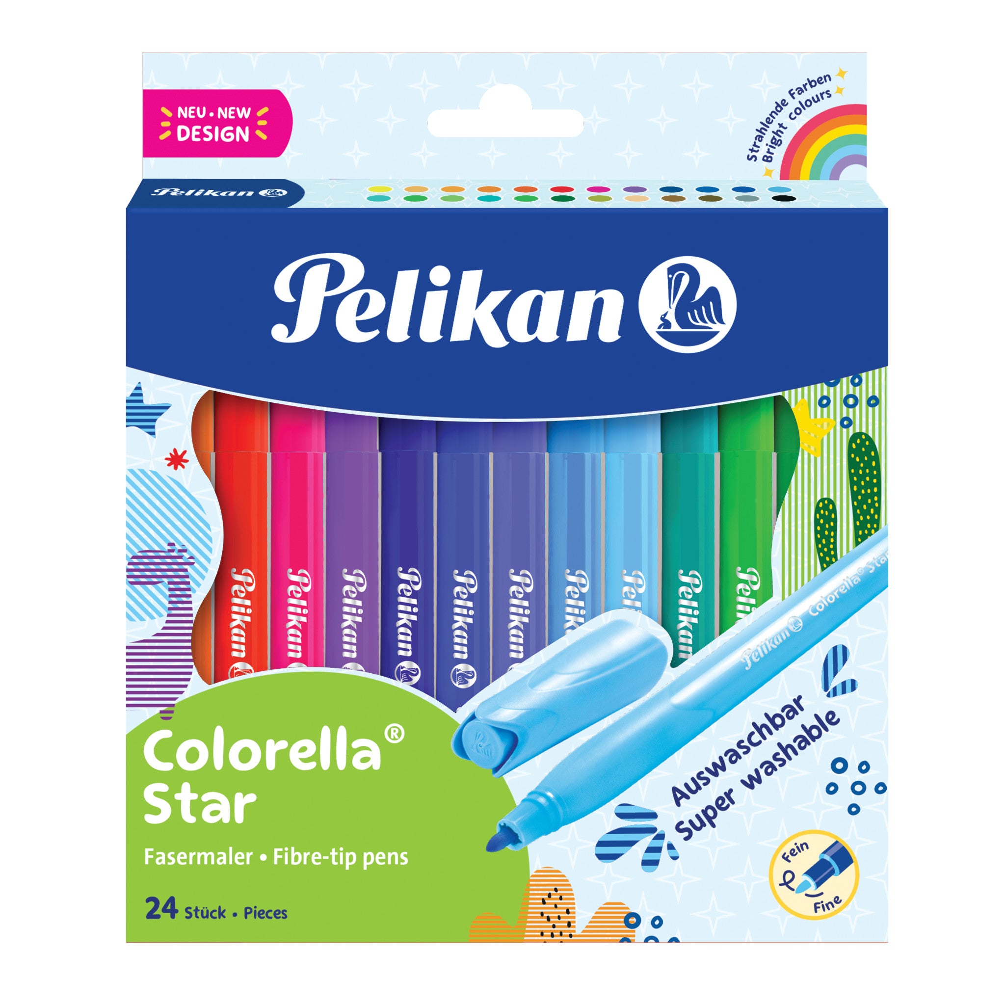 Pelikan Colorella Star Filzstifte – Rundspitze, 0,6 mm, wasserbasiert, auswaschbar, 24 Farben
