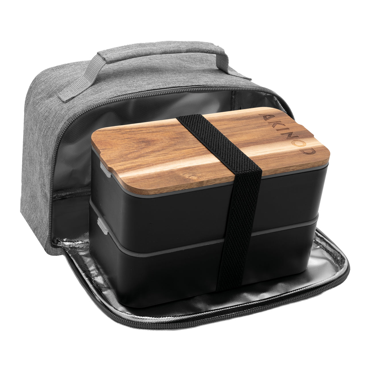Akinod Lunchbox 1,4 l, 20 × 15 × 20 cm, Holz/Kunststoff (PP/PE), Schwarz, 2 Stk.