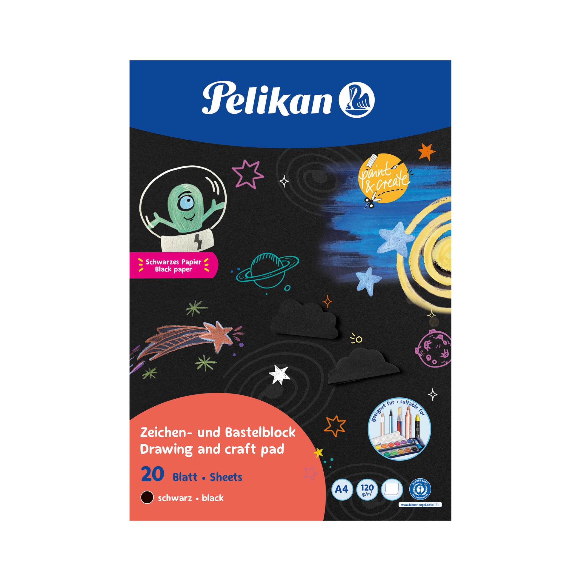 Pelikan Zeichenpapier – A4, 120 g/m², Schwarz, 20 Blatt – Blauer Engel