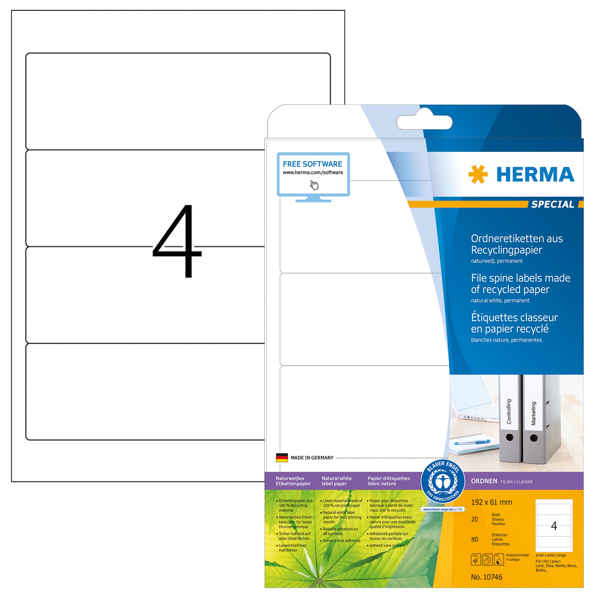 HERMA Druckeretiketten, 192 mm × 61 mm, naturweiss, Altpapier, permanent, 20 Blätter (80 Etiketten)