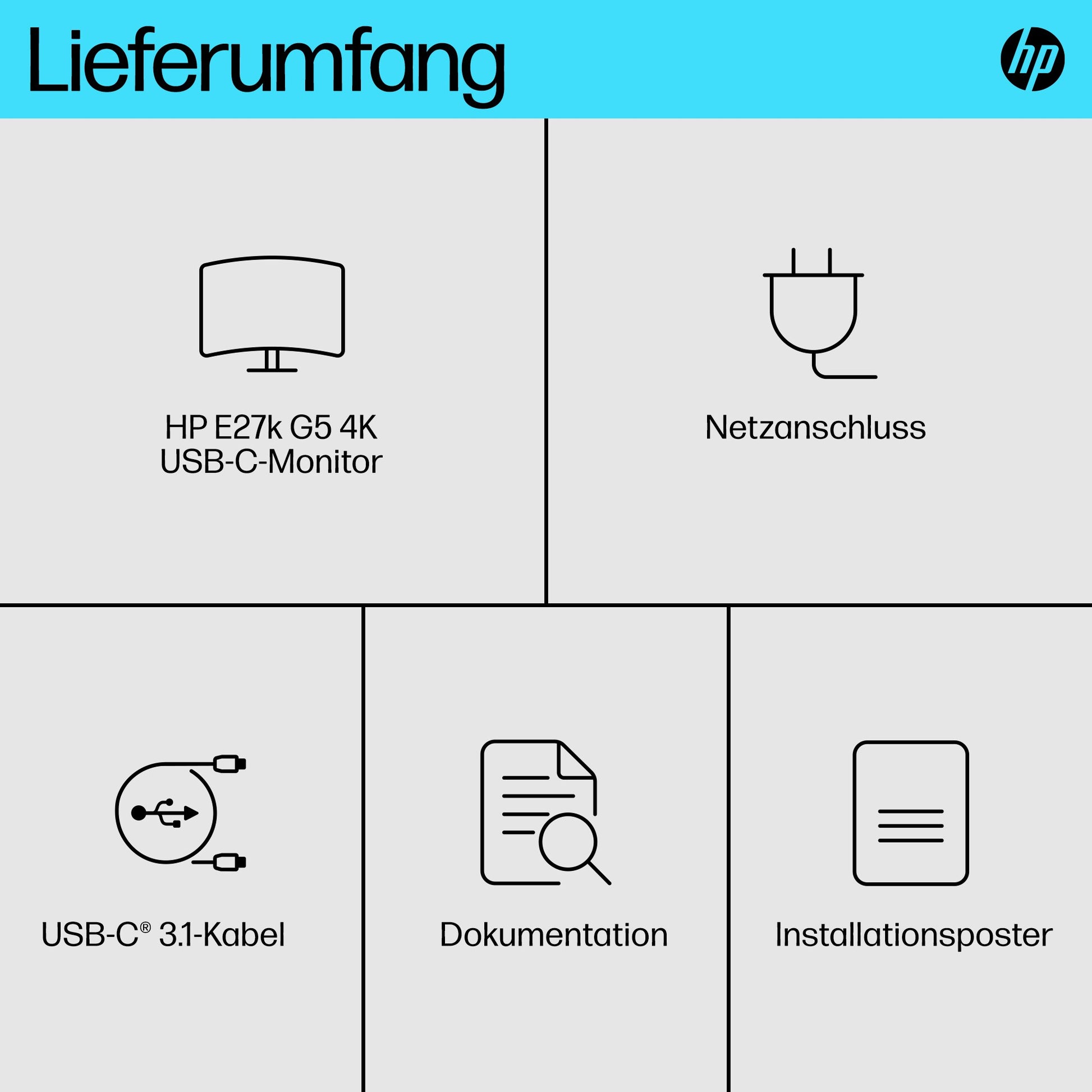 HP E27k G5 – Monitor, 27", 3840 × 2160 (UHD 4K), IPS, 60 Hz, 350 cd/m², USB-C, VESA 100 × 100, Schwarz, Silber