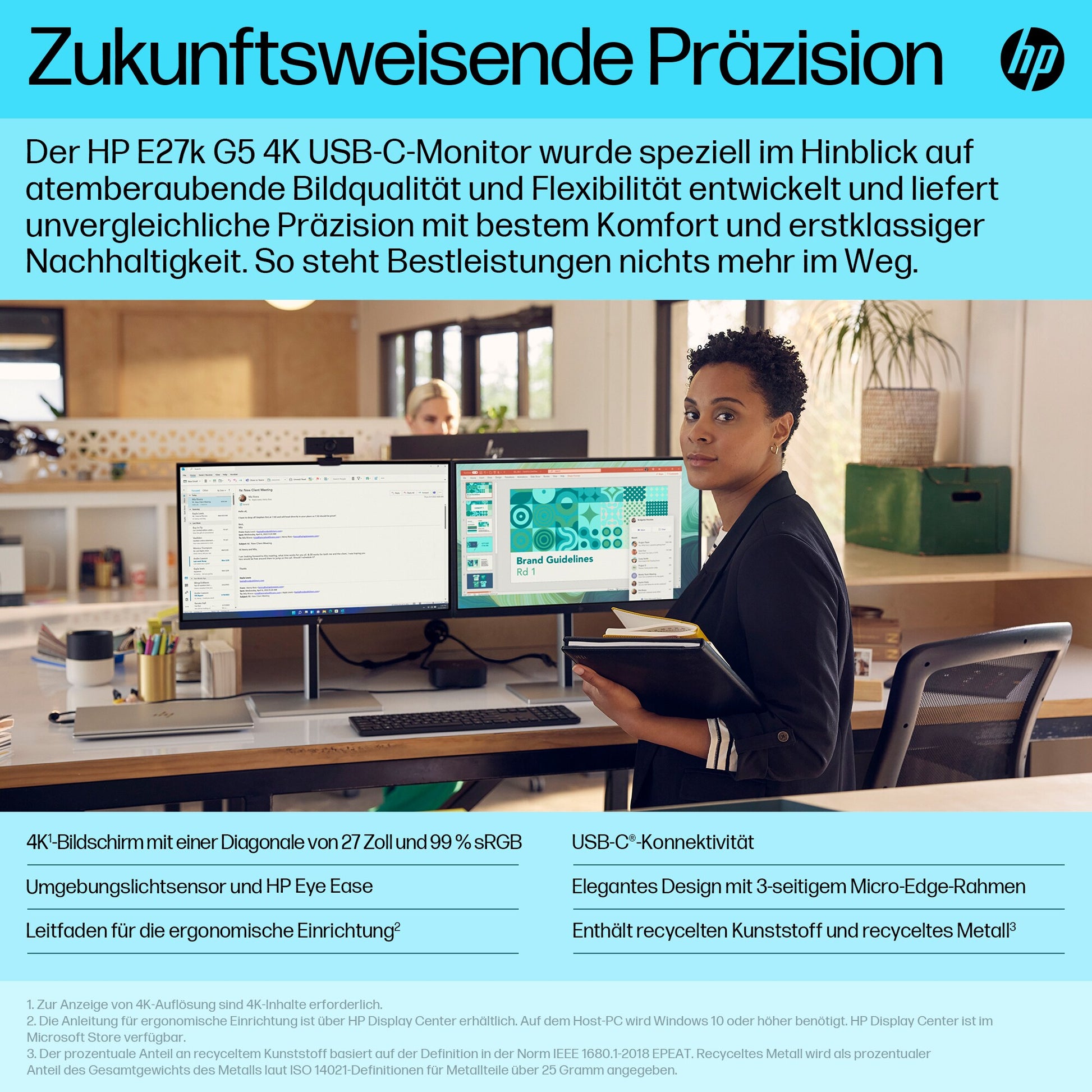 HP E27k G5 – Monitor, 27", 3840 × 2160 (UHD 4K), IPS, 60 Hz, 350 cd/m², USB-C, VESA 100 × 100, Schwarz, Silber