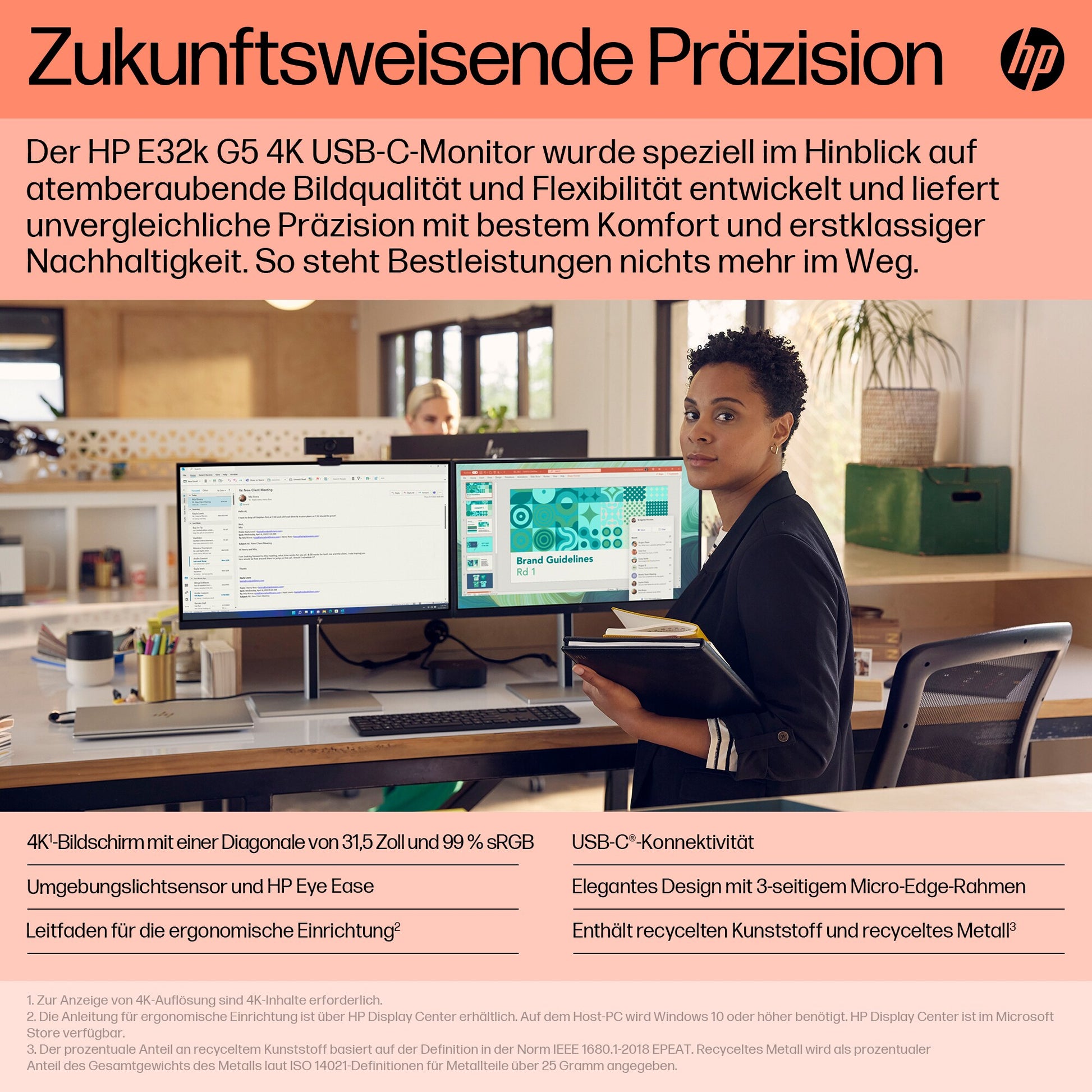 HP E32K G5 – Monitor, 31,5" 4K UHD (3840 × 2160), IPS, 60 Hz, 350 cd/m², USB-C, VESA 100 × 100, Schwarz