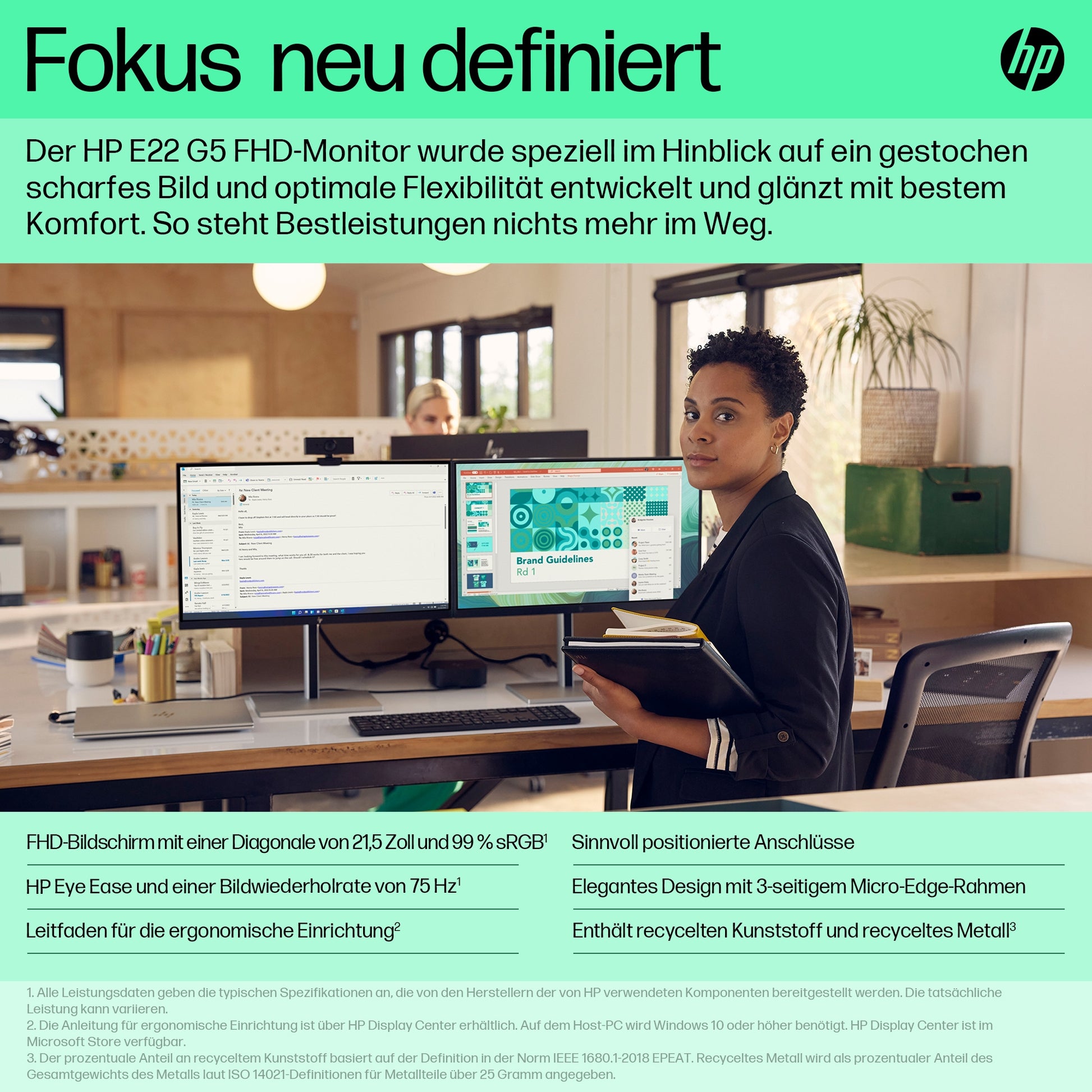 HP E22 G5 – Monitor, 21,5", IPS, 75 Hz, 250 cd/m², USB-Hub integriert, VESA 100 × 100, Schwarz