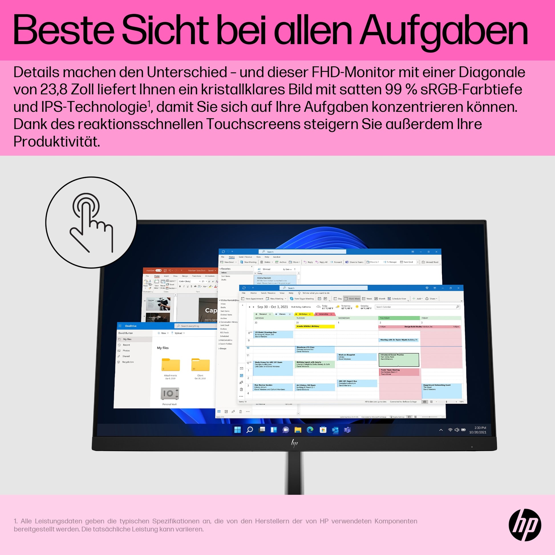 HP E24t G5 – Monitor, 23,8" 1920 × 1080 (Full HD), IPS, Touch, 75 Hz, 300 cd/m², VESA 100 × 100, Schwarz